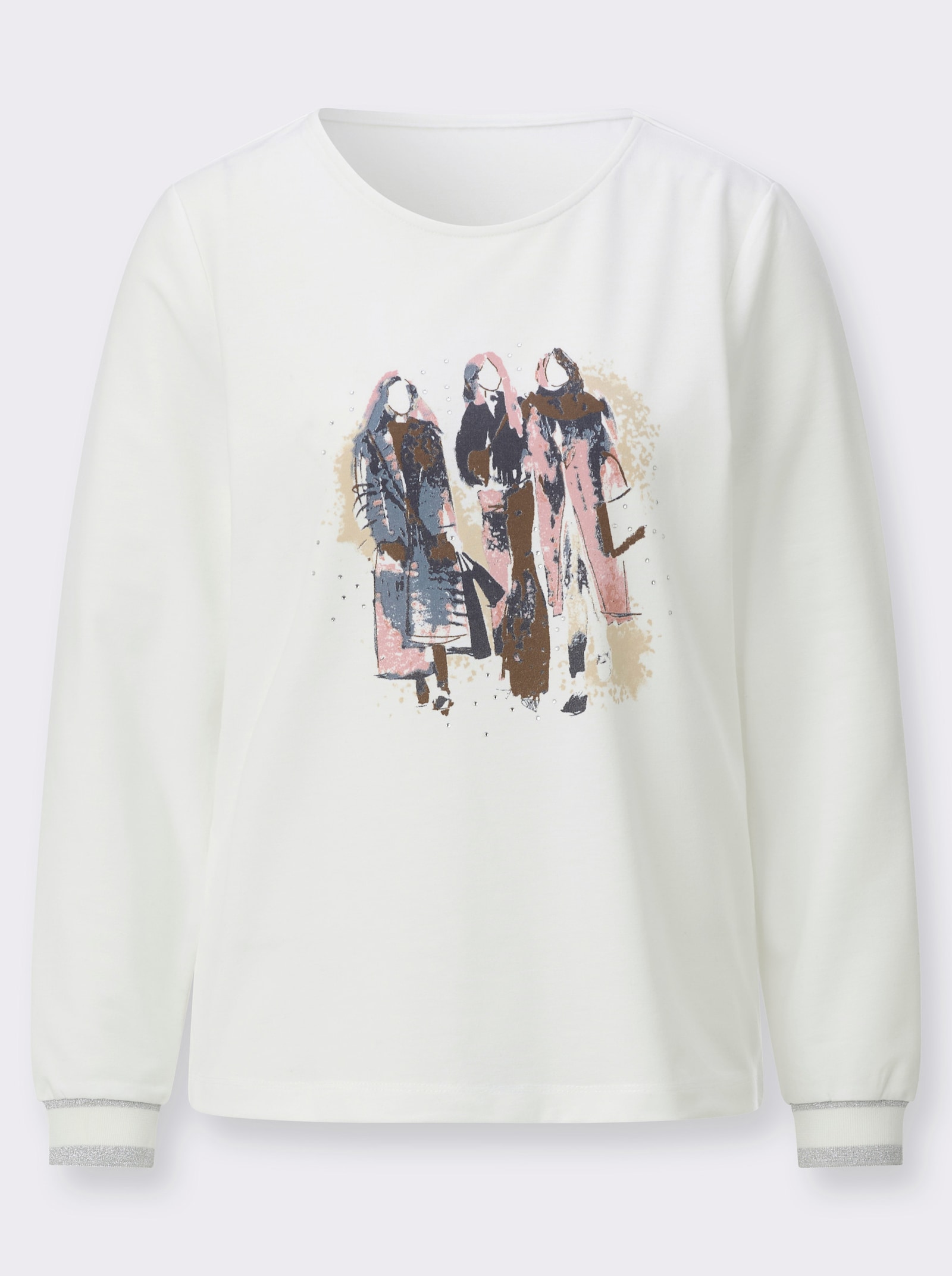 Langarmshirt mit Ziersteinchen - ecru-rosenholz-bedruckt