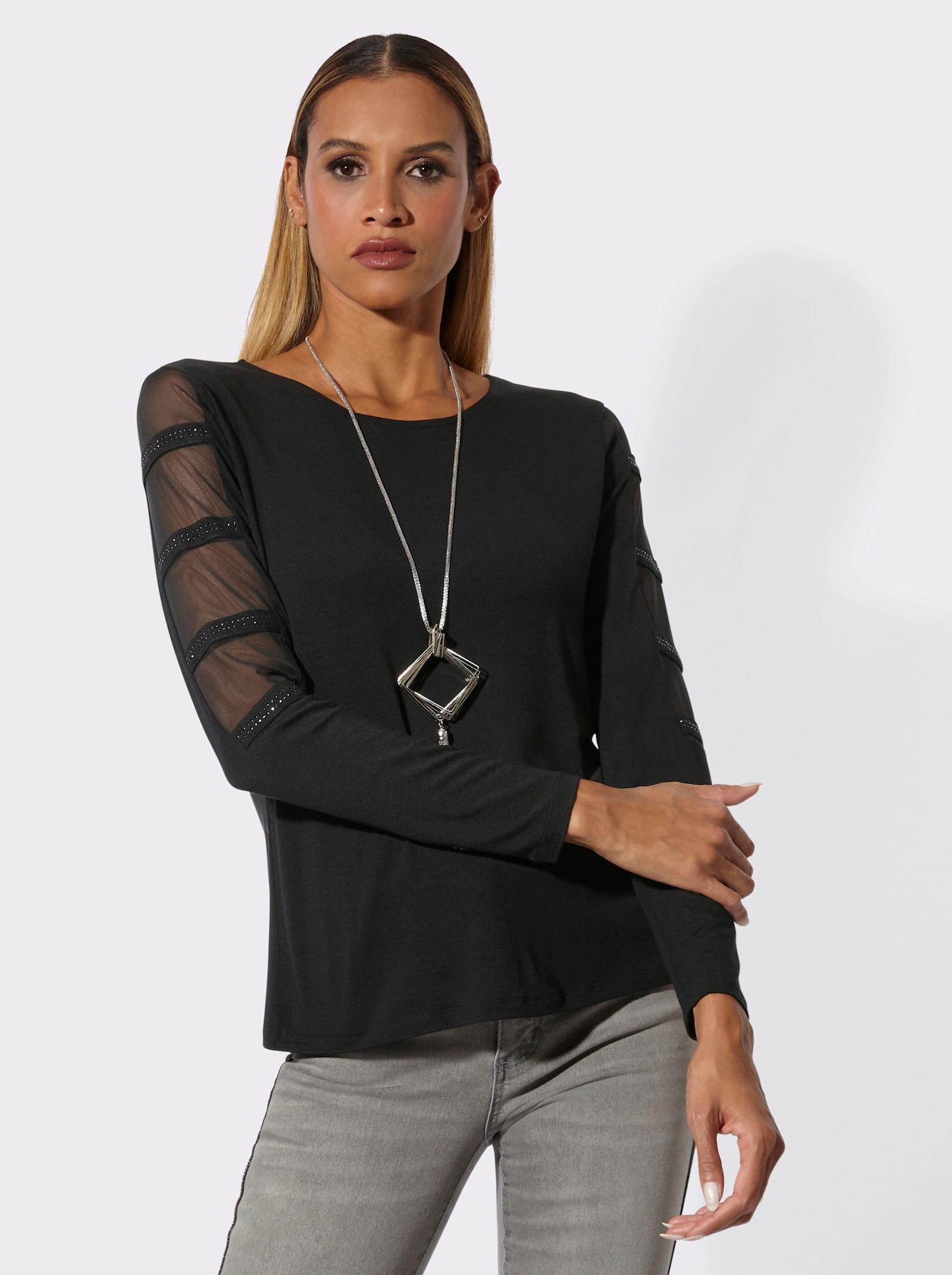 Langarmshirt mit verzierten Partien aus Mesh - schwarz