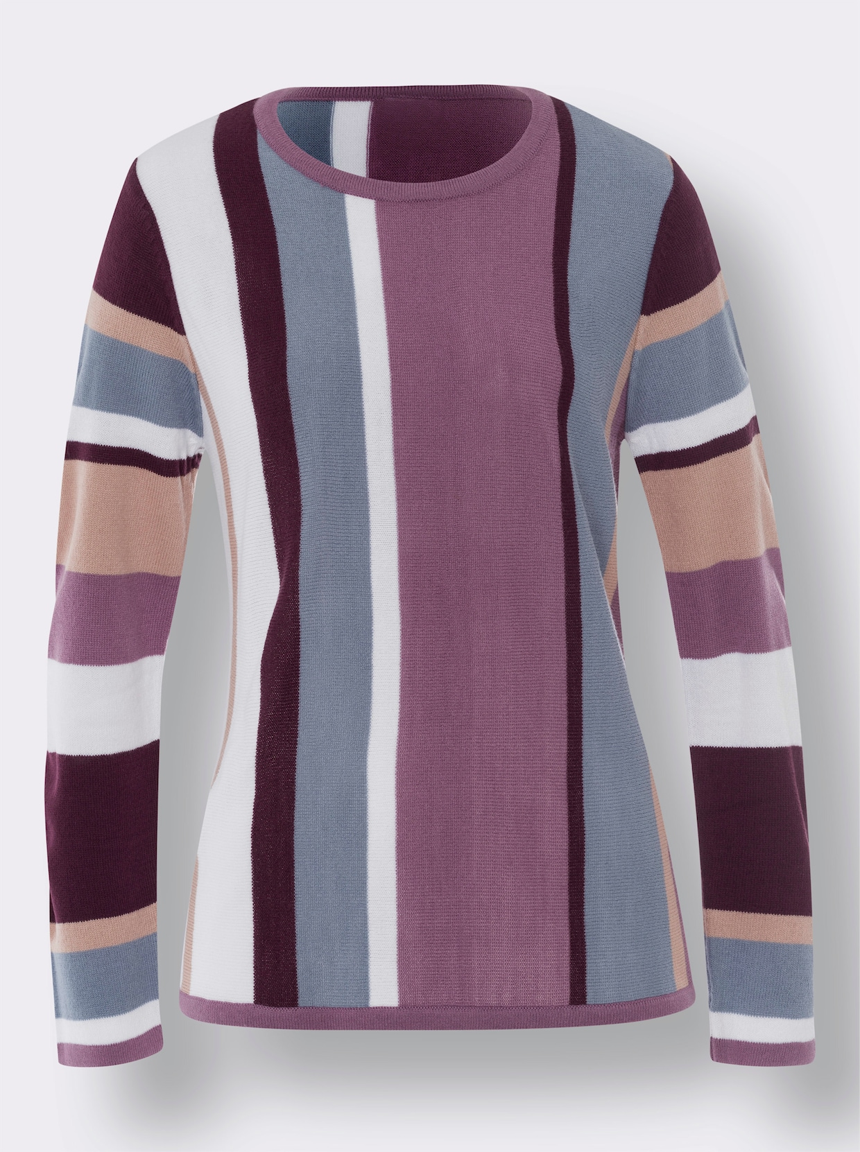 Rundhals-Pullover - violett-ecru-gestreift