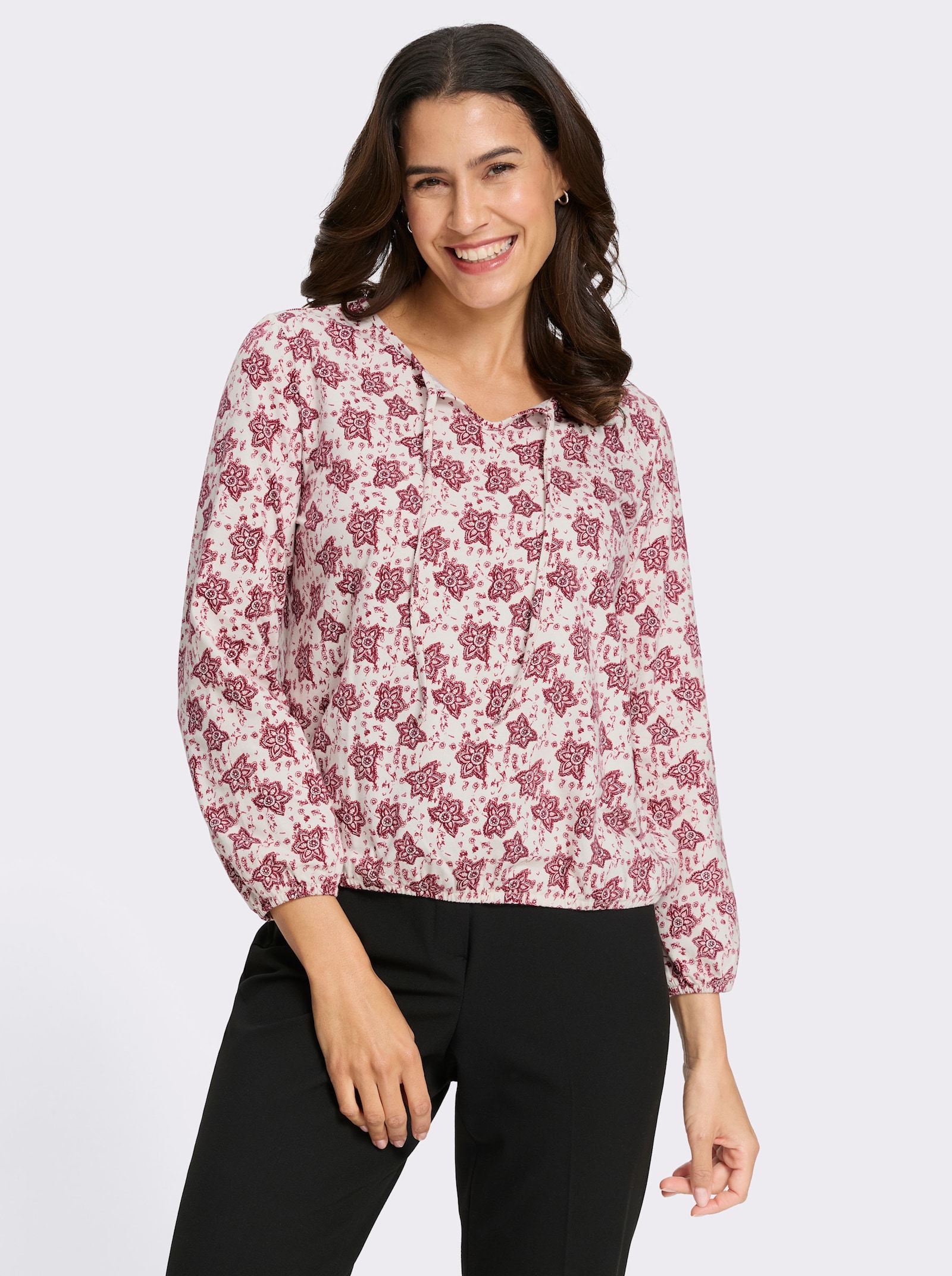 Print-Shirt mit kleinem V - champagner-dunkelrot-bedruckt