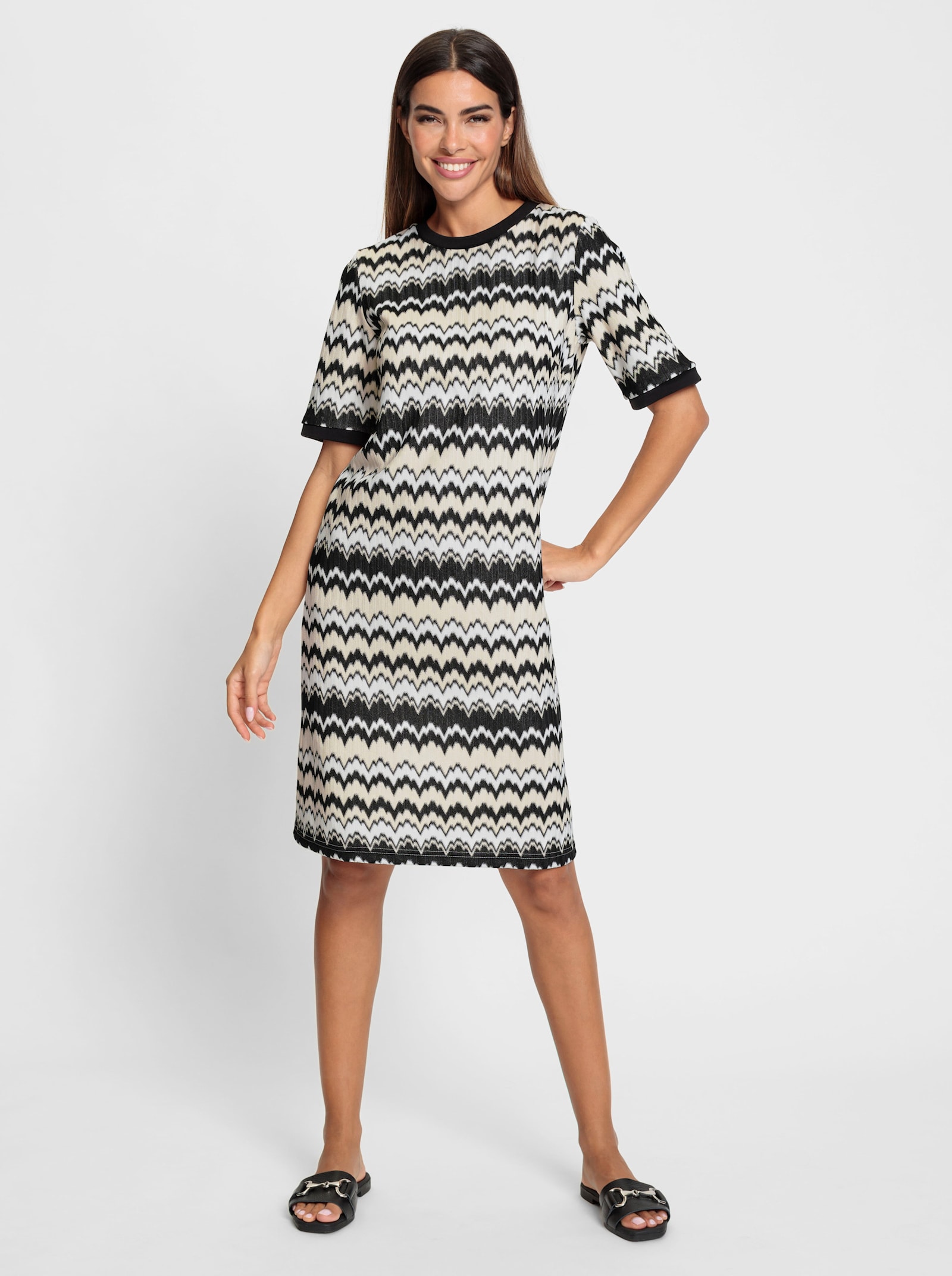 heine Freizeitkleid in Strick-Optik - schwarz-champagner-gemustert