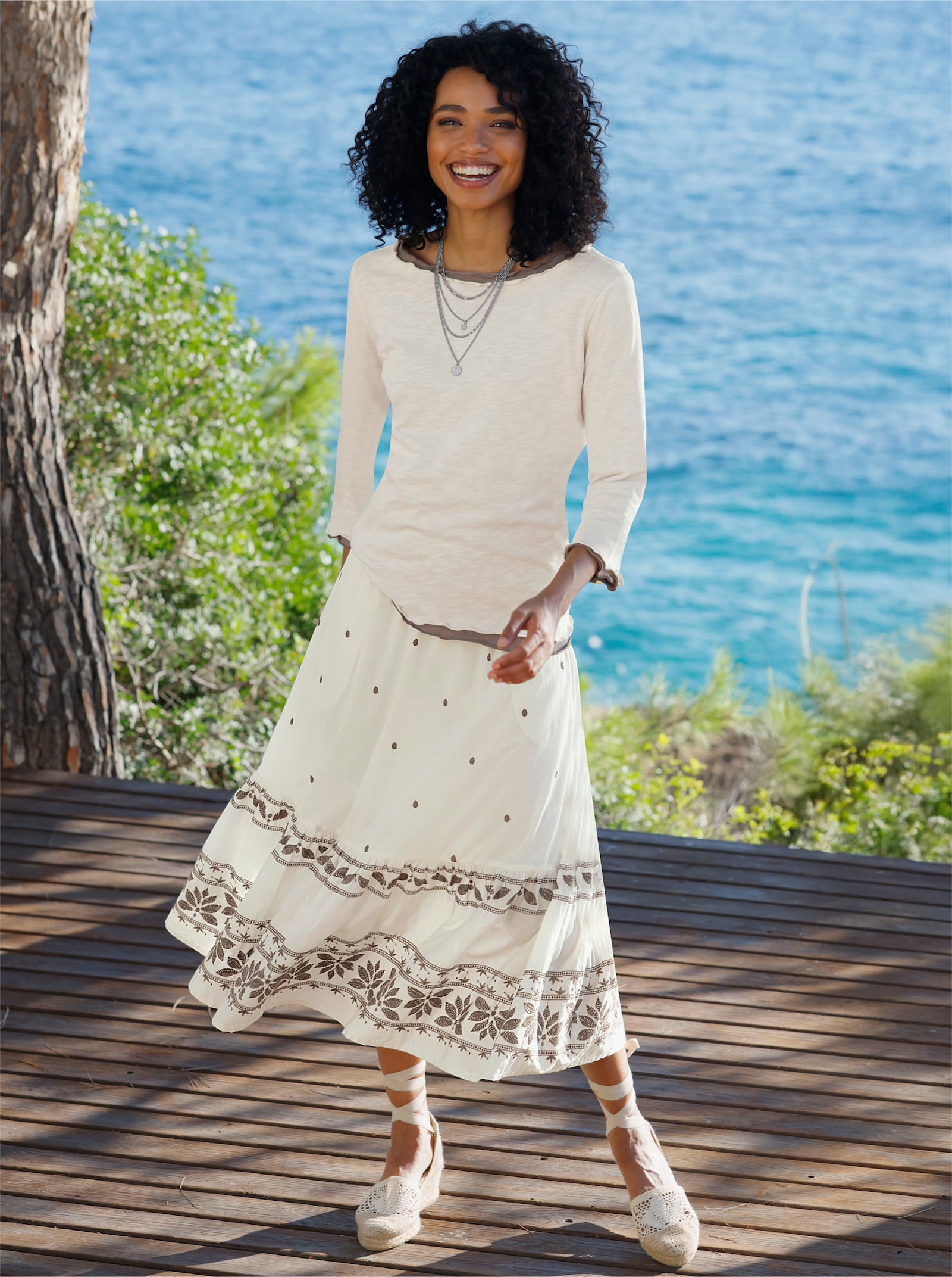 heine Shirt-Set mit Wellenkanten - taupe-champagner