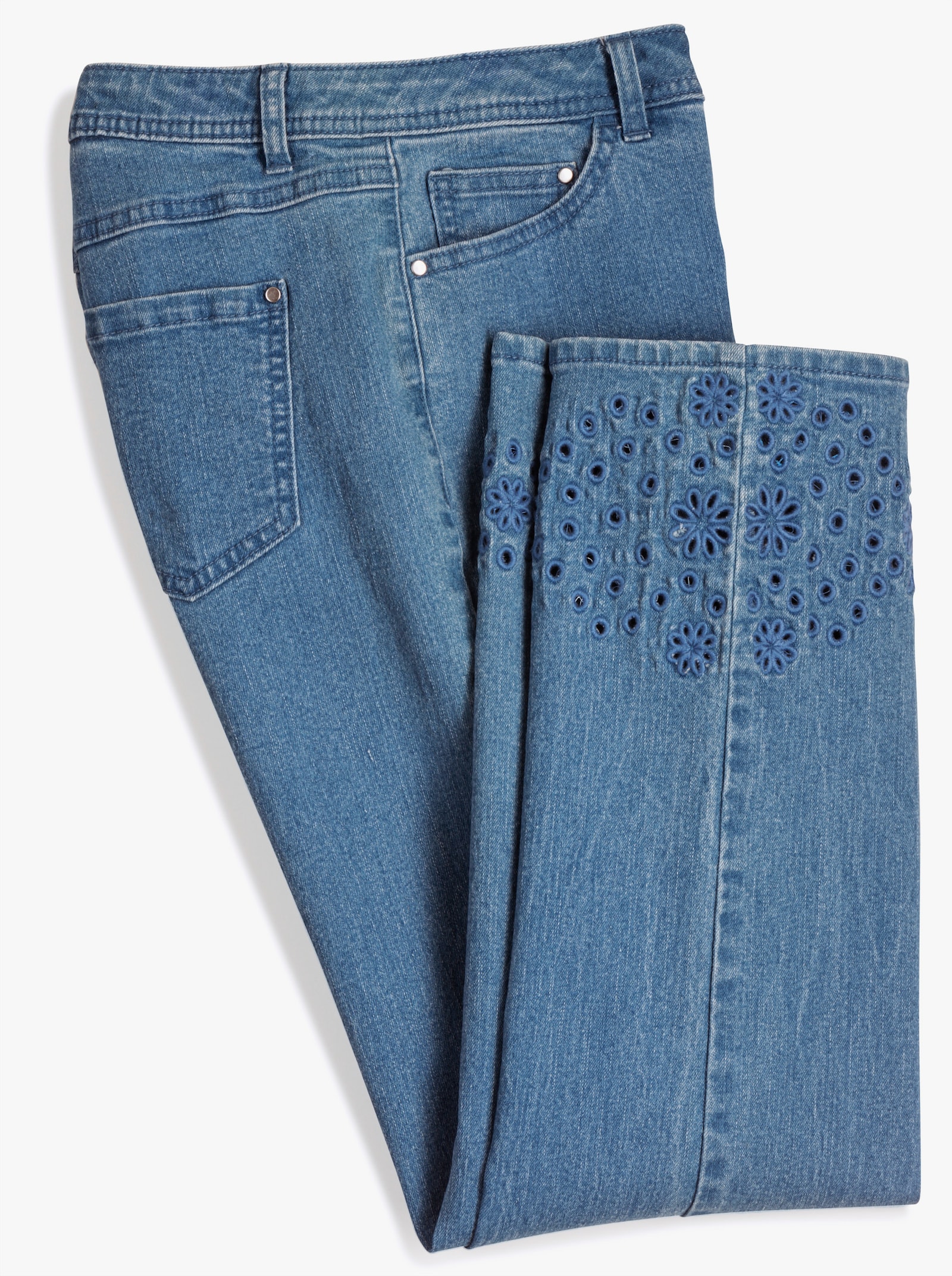 7/8-Jeans mit Lochstickerei am Saum - blue-bleached