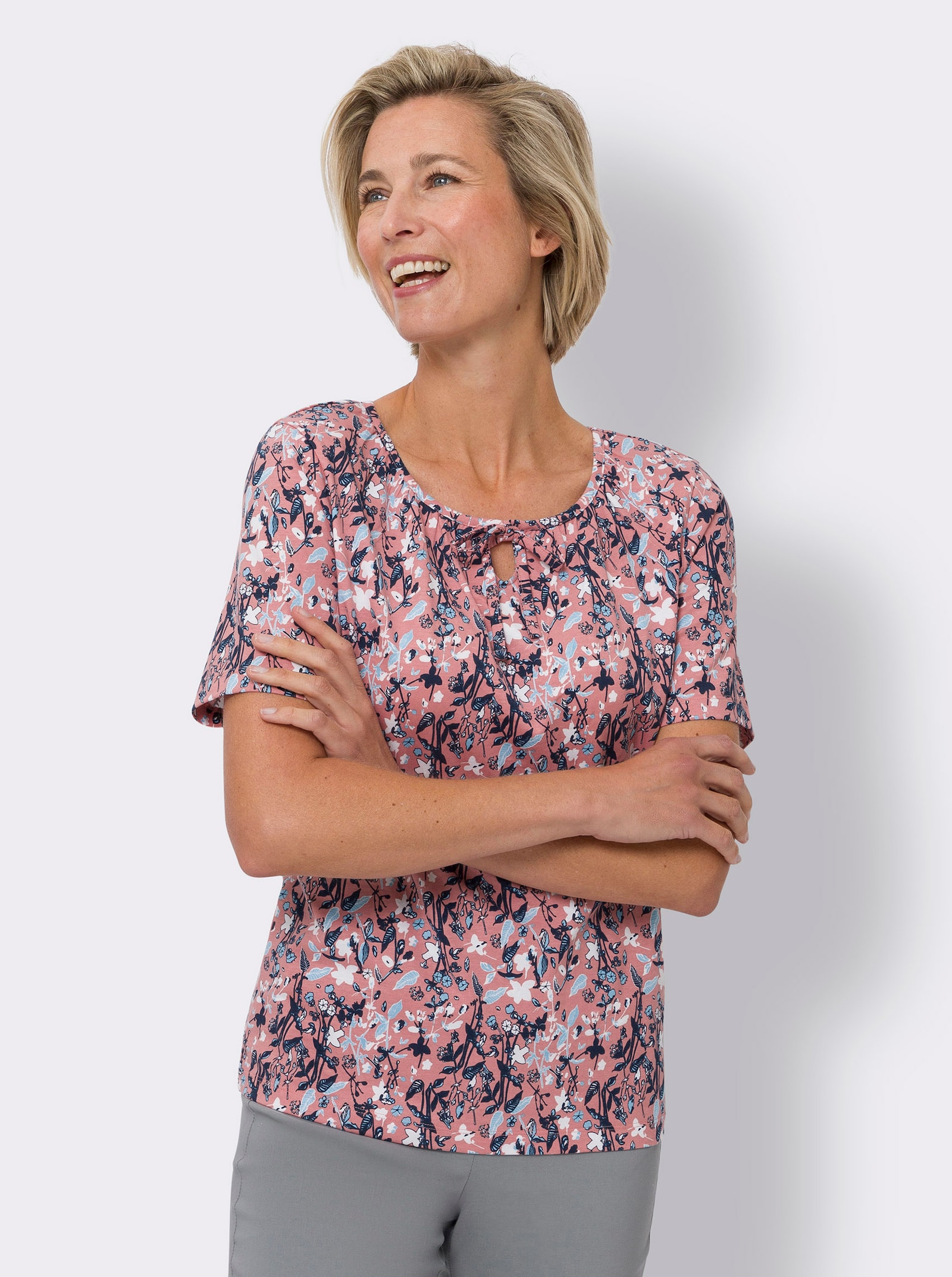 Kurzarmshirt im floralen Dessin - flamingo-dunkelblau-bedruckt