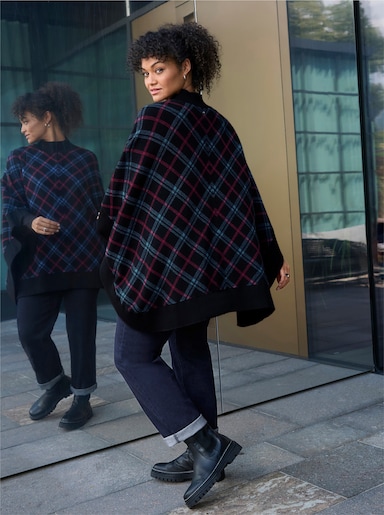sheego Strickponcho mit Karomuster - schwarz-bordeaux-kariert