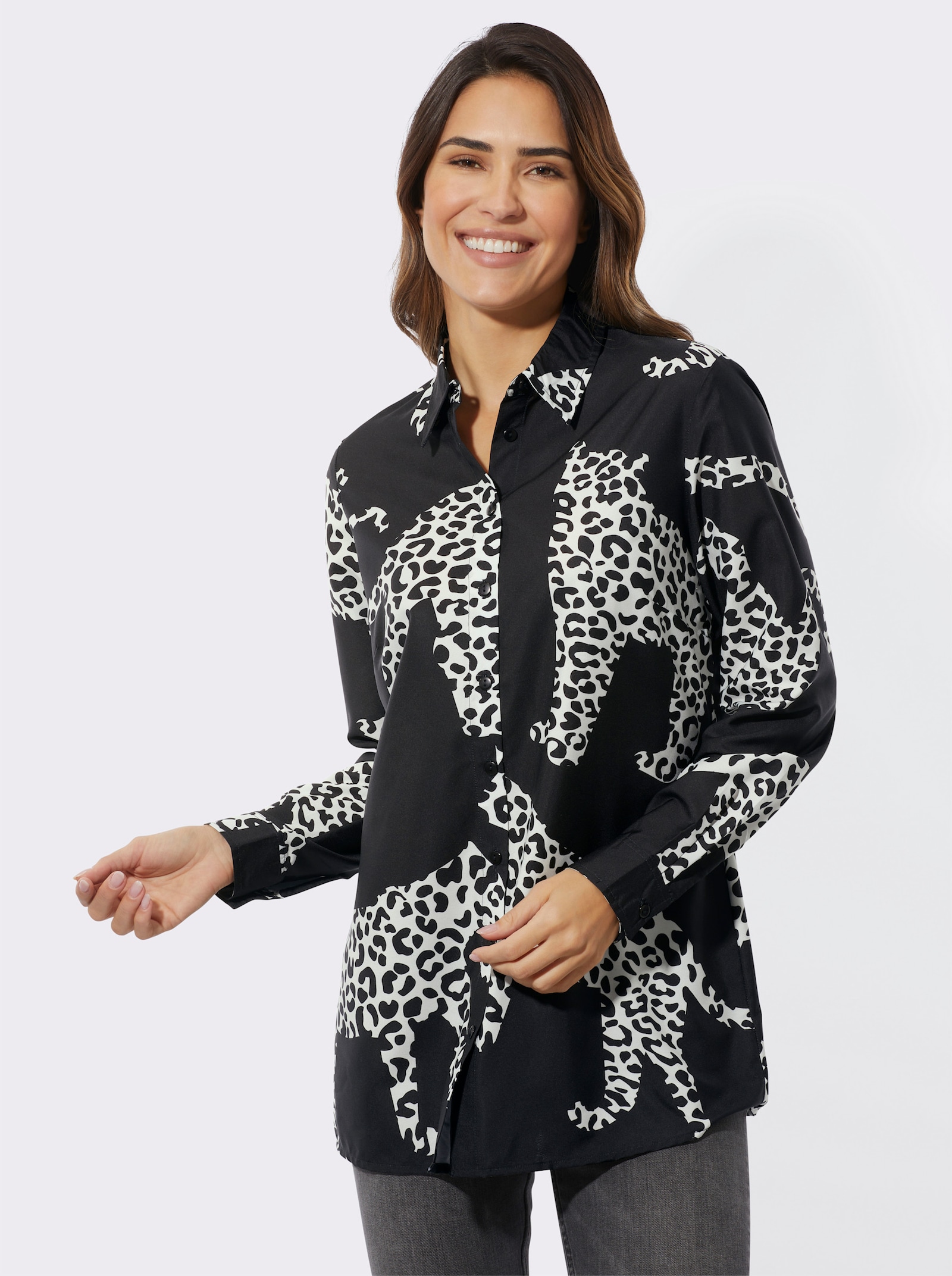 Dlouhá halenka se zvířecím motivem - černá-ecru-potisk