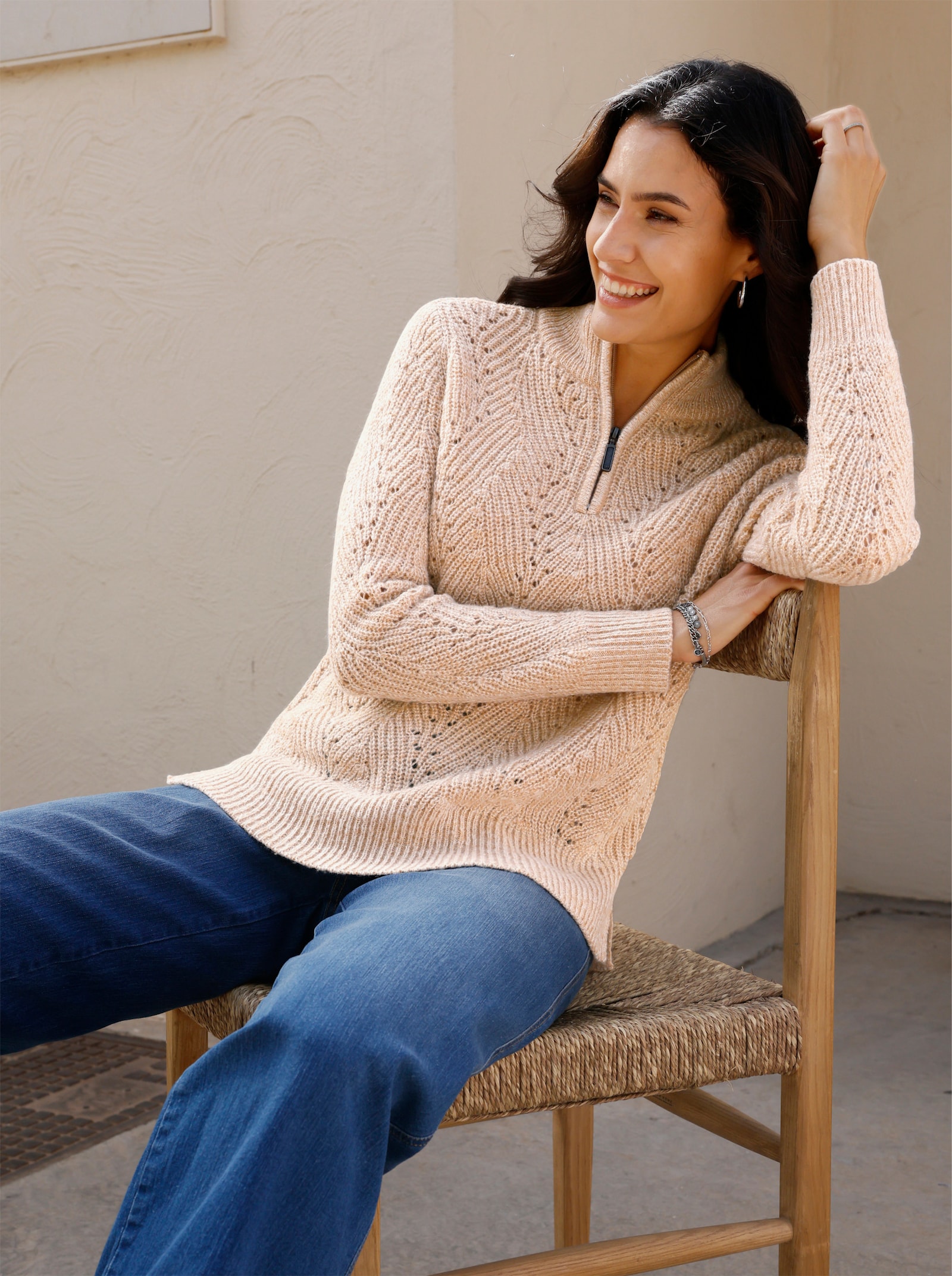 Troyer mit Ajourstrick - camel-meliert