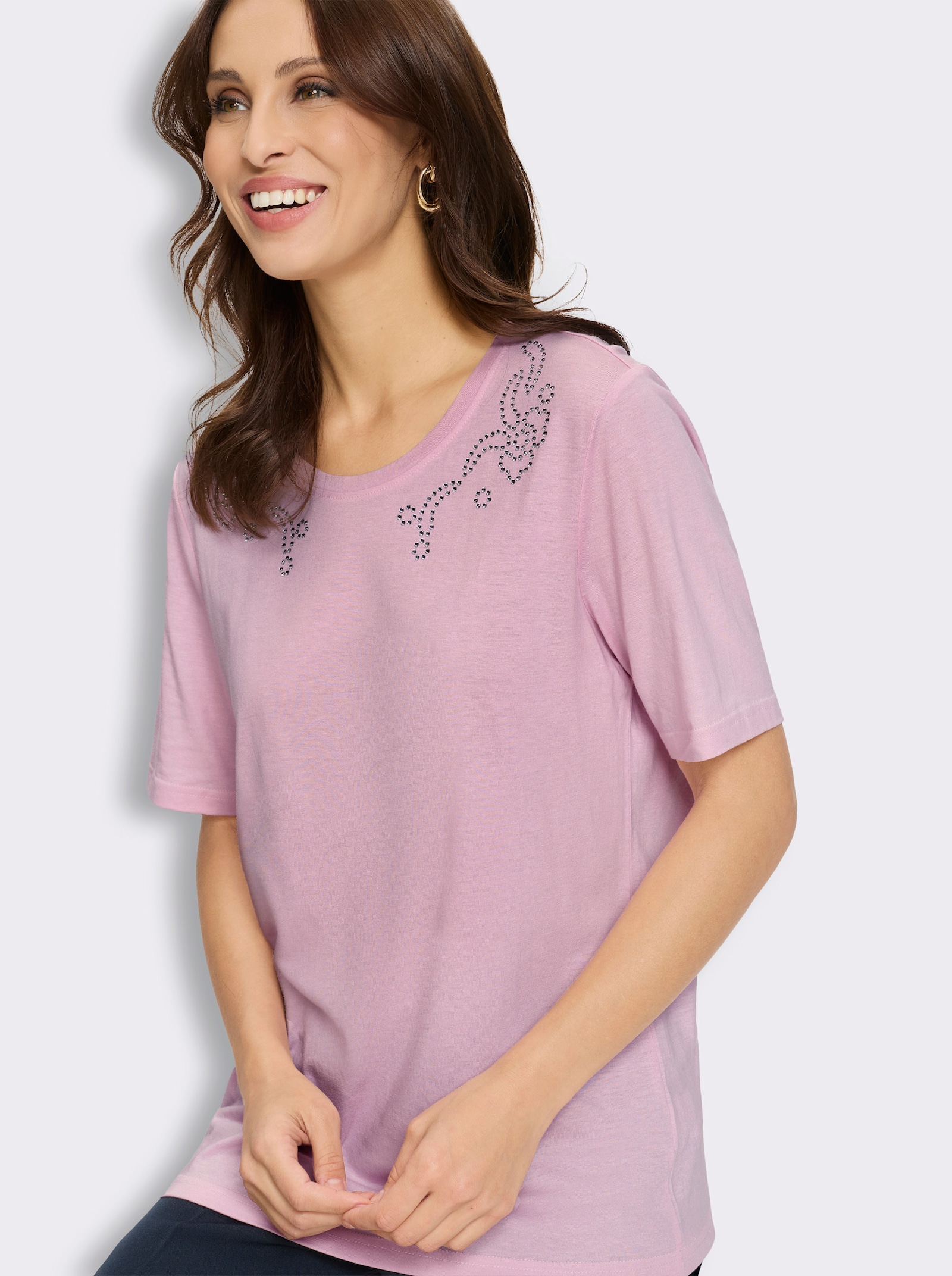 Kurzarmshirt mit Glitzersteinchen - rosé