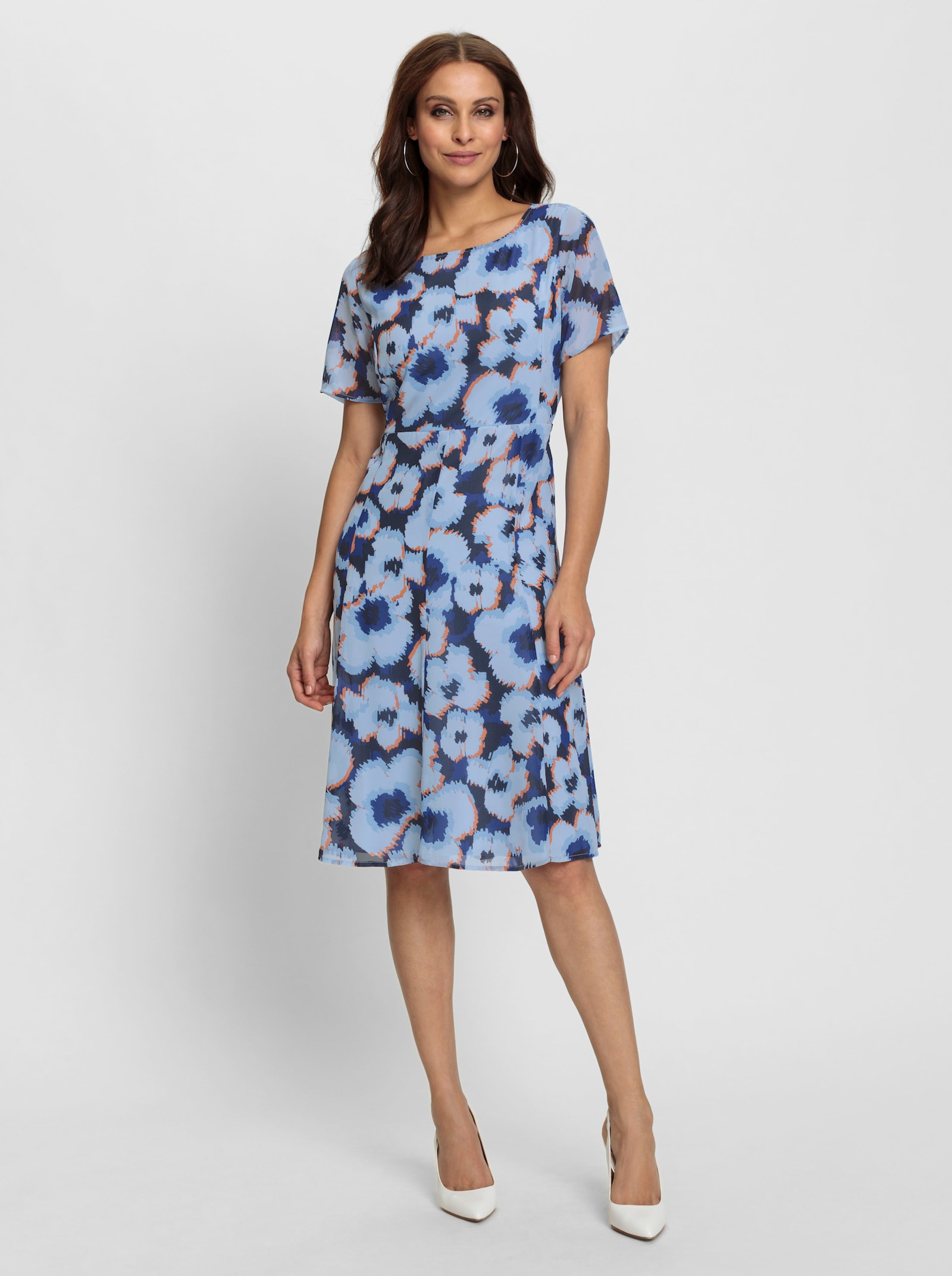 Druckkleid im floralen Dessin - hellblau-royalblau-bedruckt