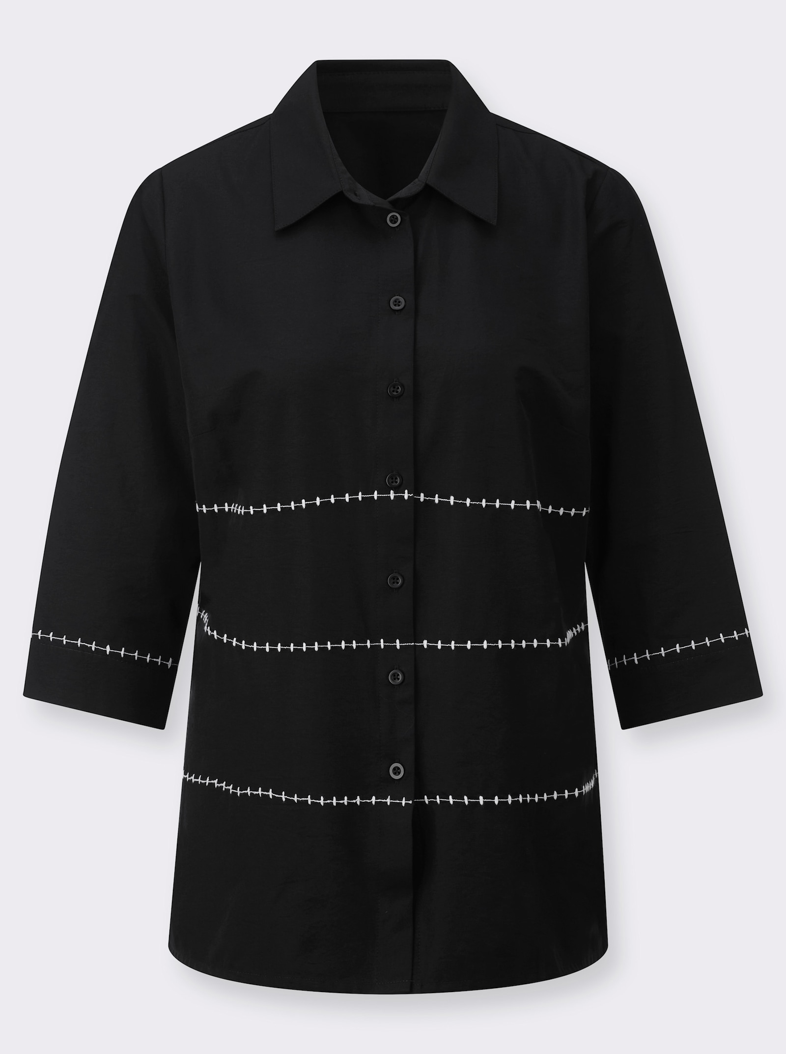 Hemdbluse mit Kontrast-Stickerei - schwarz-ecru
