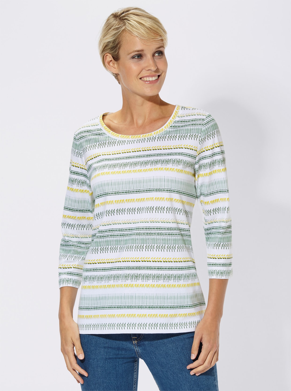 3/4-Arm-Shirt - weiss-grün-gemustert