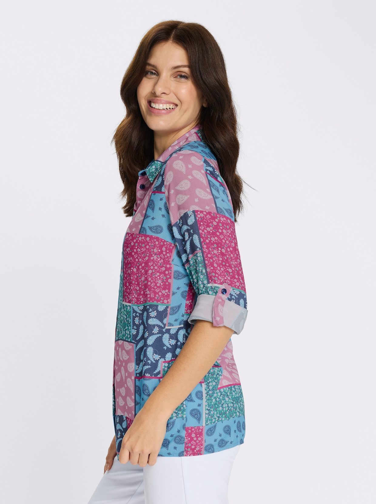 Longbluse mit krempelbaren Ärmeln - fuchsia-jeansblau-bedruckt