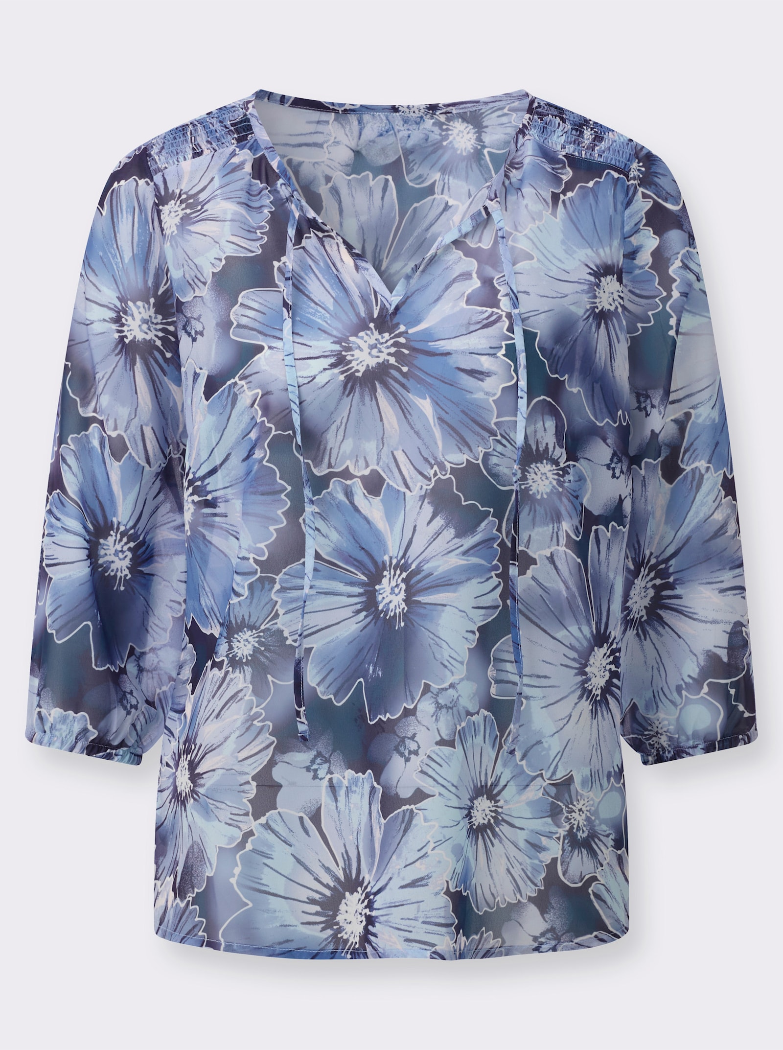 Blouse met print en smokinzet - donkerblauw/ijsblauw bedrukt