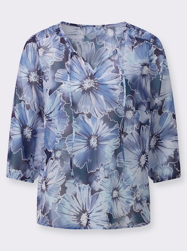 Druckbluse mit Smok-Einsatz - dunkelblau-eisblau-bedruckt