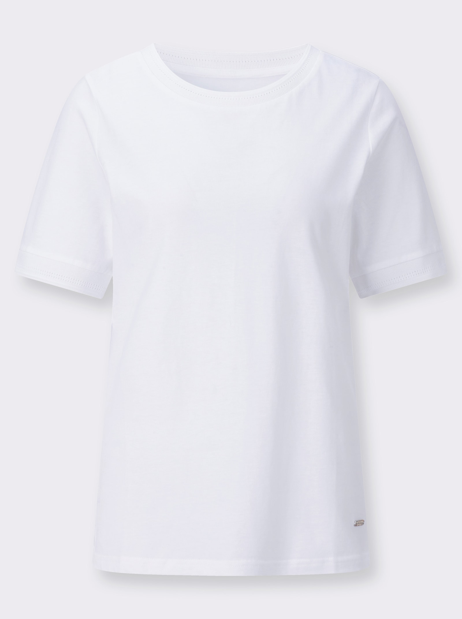 Rundhalsshirt mit Ajourmuster an Kragen und Ärmeln - weiß