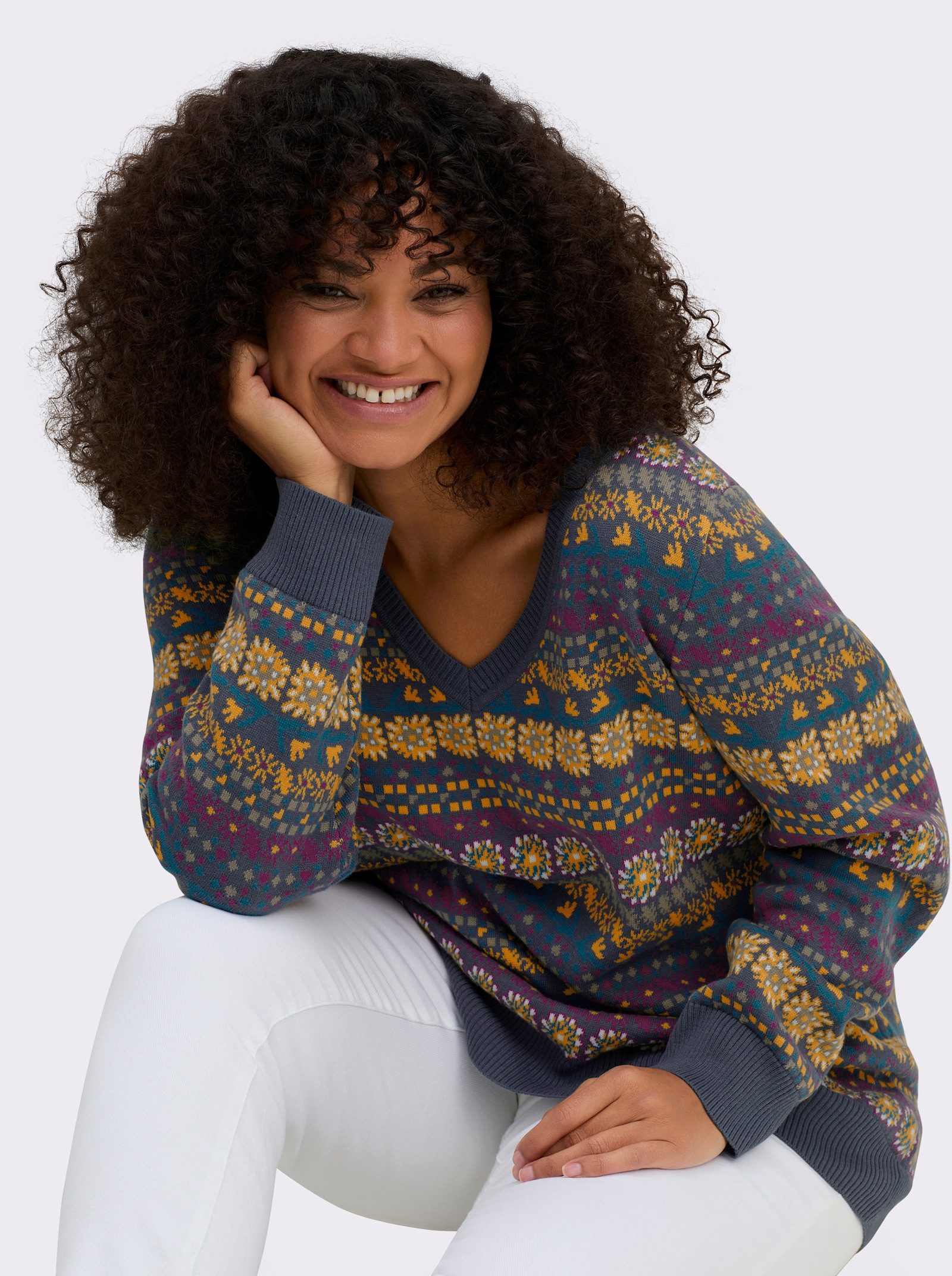 sheego Pullover im Jacquard-Muster - rauchblau-gemustert