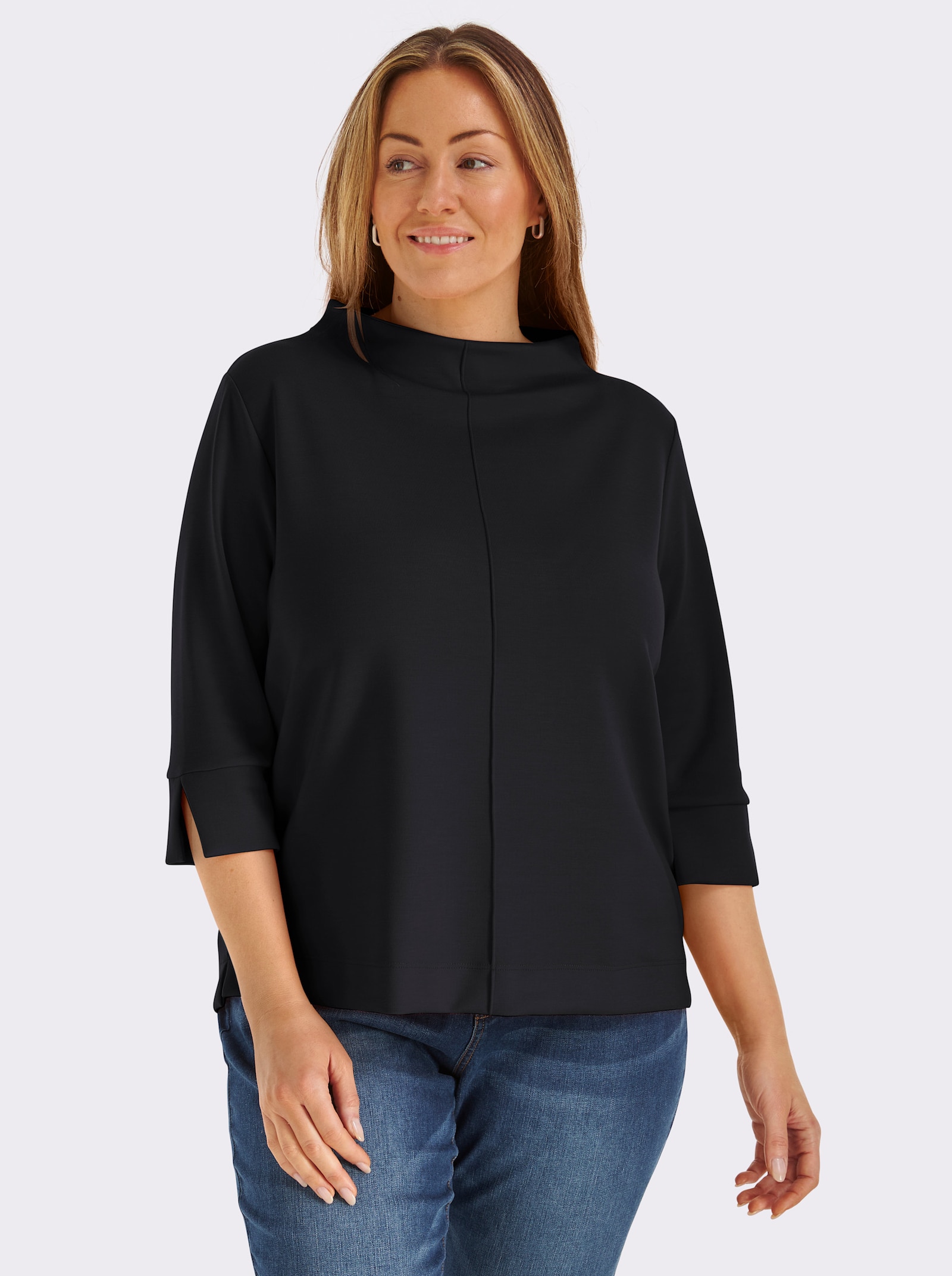 Stehkragenshirt mit 3/4-Ärmeln - schwarz