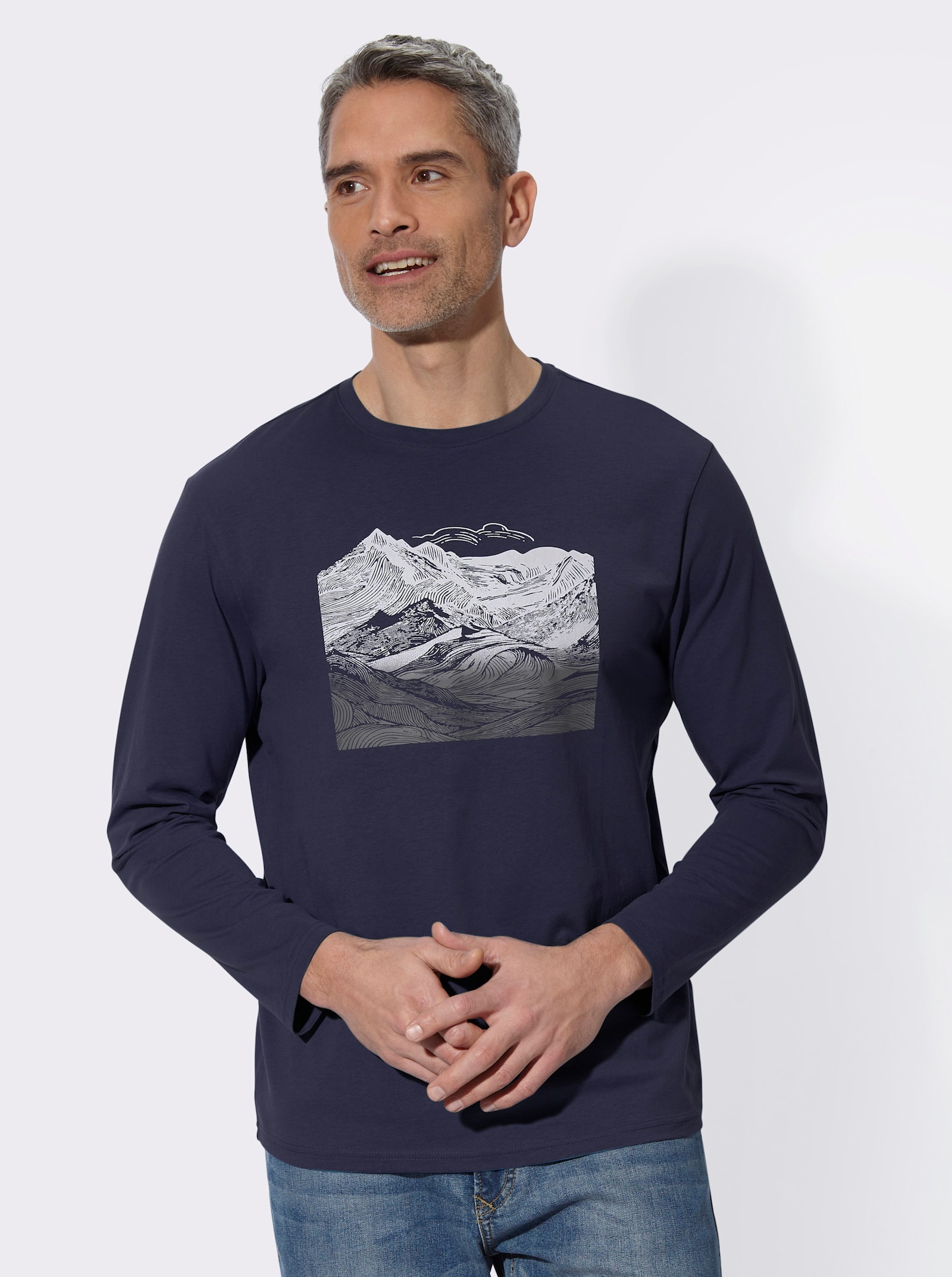 Langarmshirt mit Gebirgs-Druckmotiv - marine