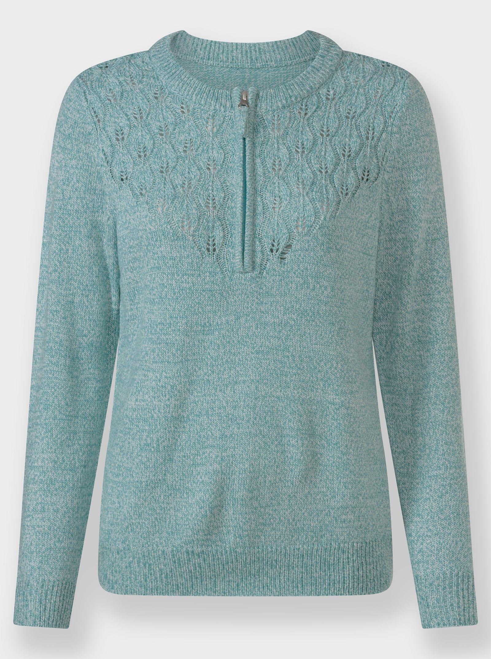 Rundhalspullover mit kurzem Reißverschluss - salbei-meliert