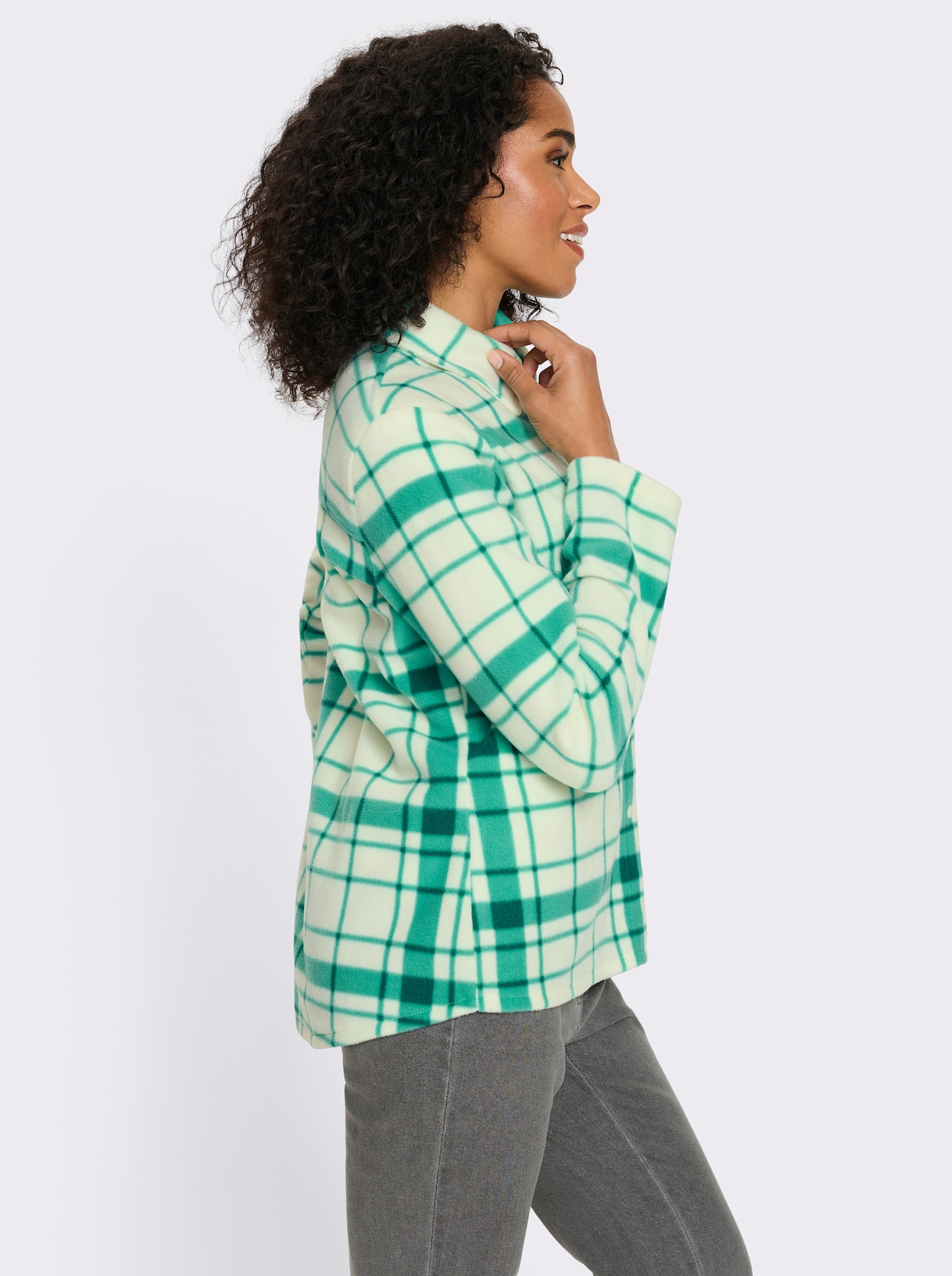 Fleecejacke mit längerem Saum im Rückteil - blaugrün-champagner-kariert