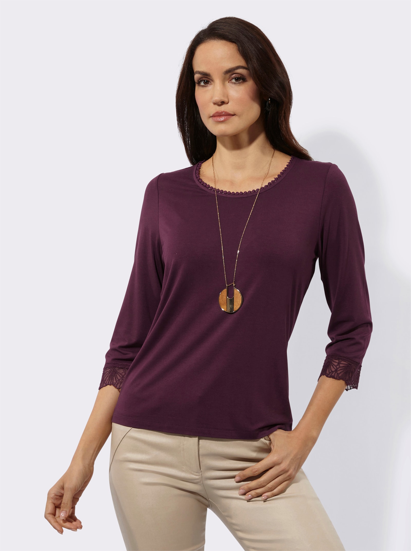 3/4-Arm-Shirt mit Spitzenverzierung - burgund