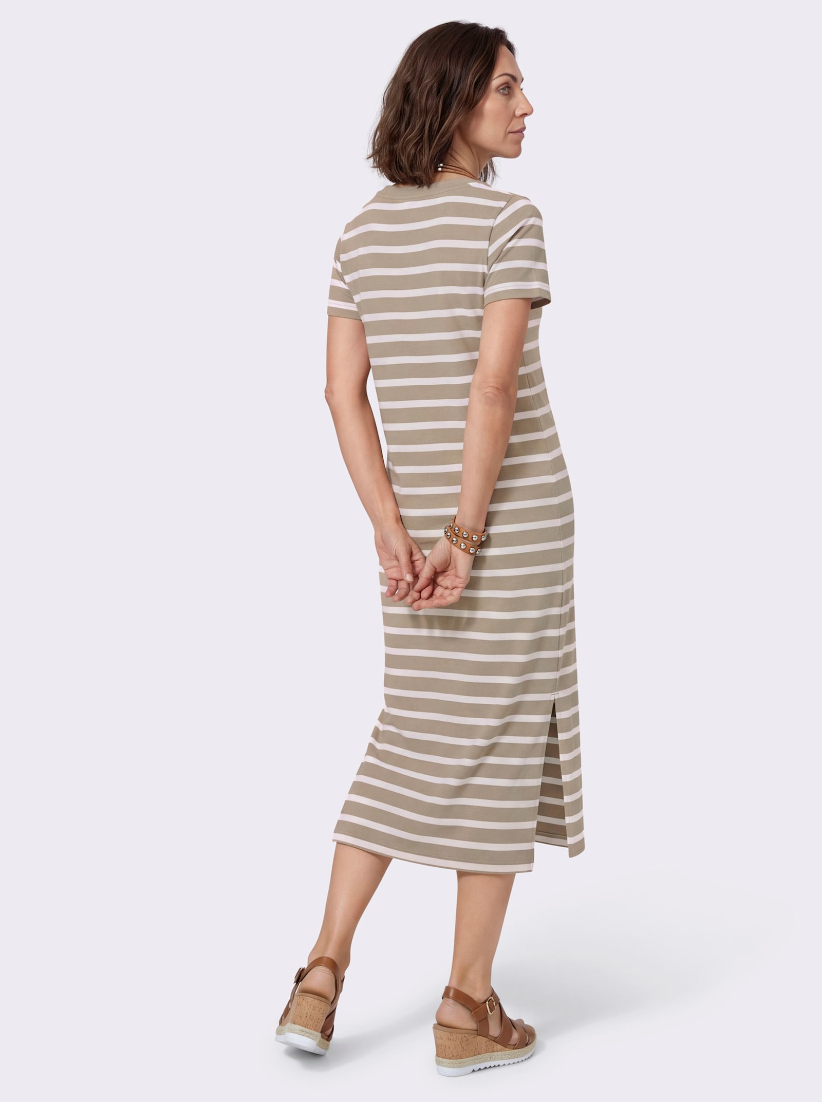 Jerseykleid mit Seitenschlitzen - sesam-ecru-geringelt