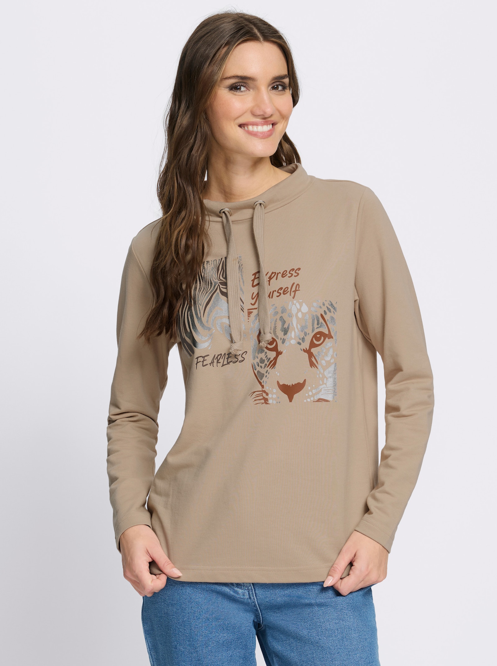 Sweatshirt mit Leo- und Folien-Print - beige-schoko