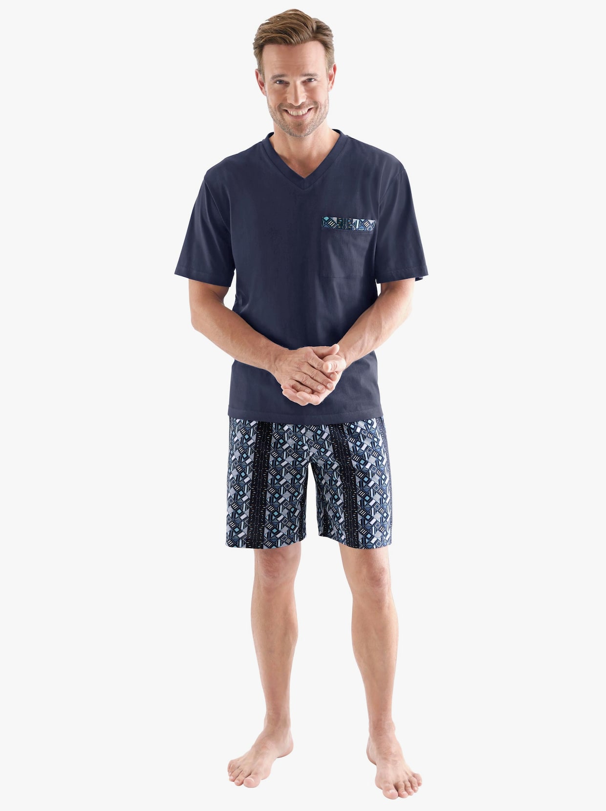 Krátké pyžamo - námořnická modrá-potisk