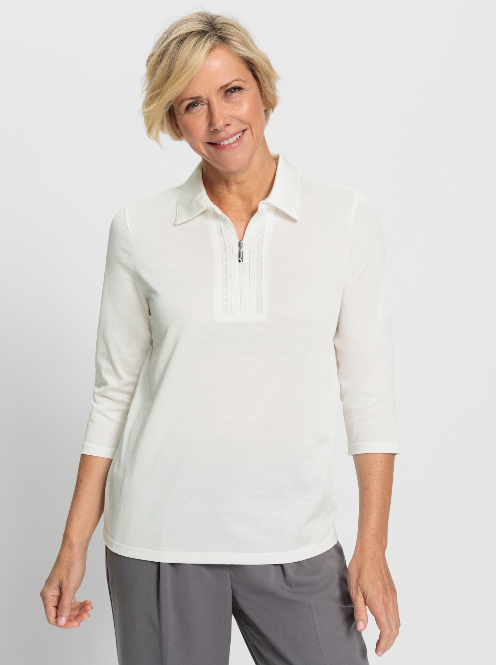 Poloshirt mit Spitzenborte - ecru