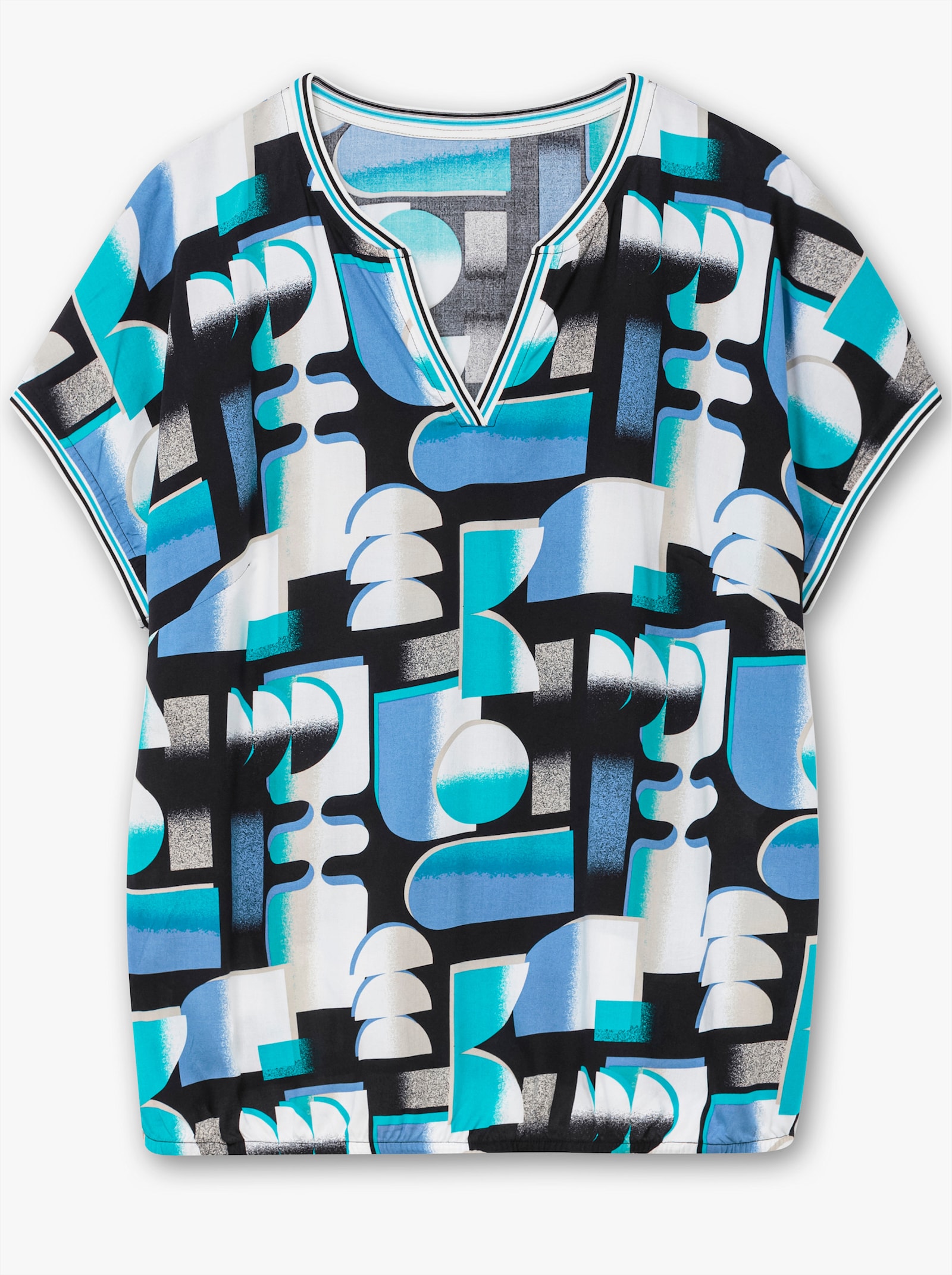 Druckbluse mit gestreiften Bündchen - türkis-schwarz-bedruckt