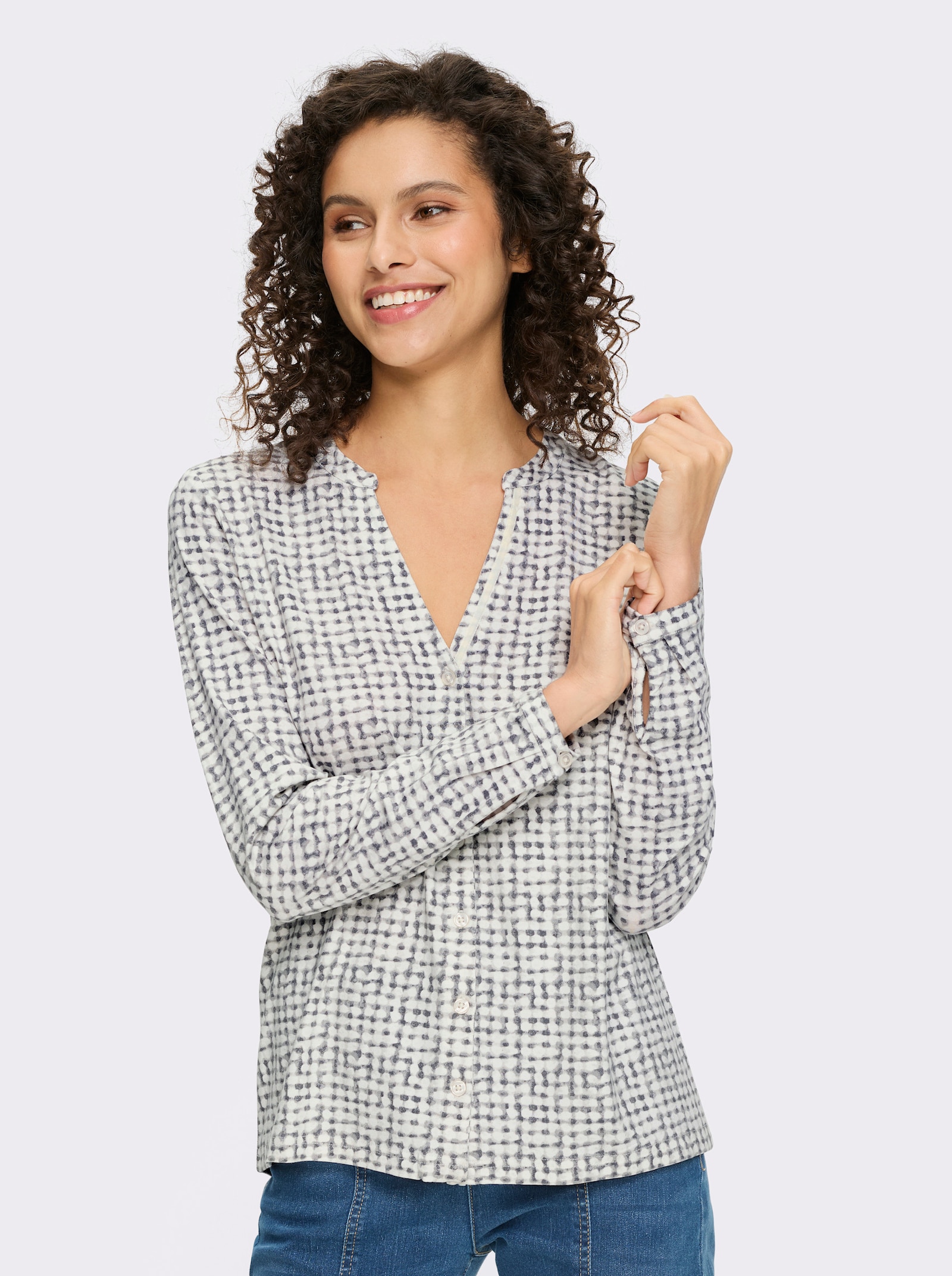 heine Jersey-Bluse mit verlängertem Rücken - ecru-hellgrau-bedruckt