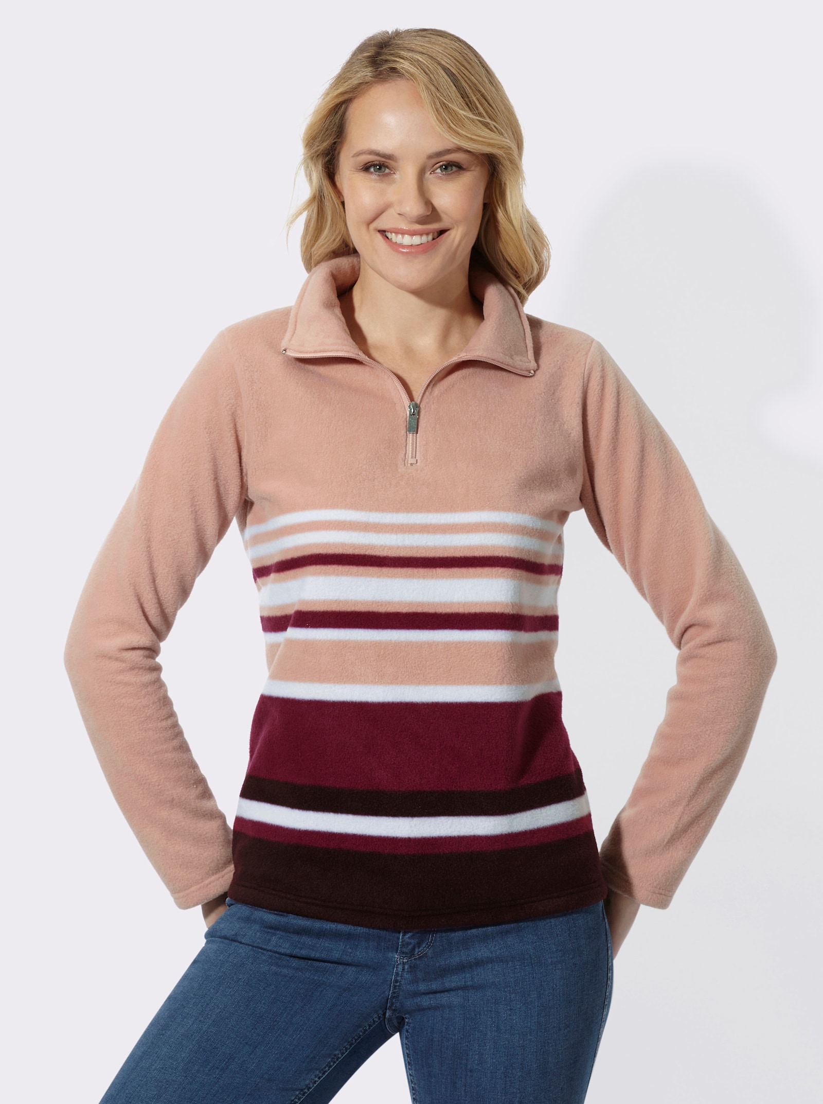 Fleeceshirt im Ringelmuster - puder-malve-bedruckt