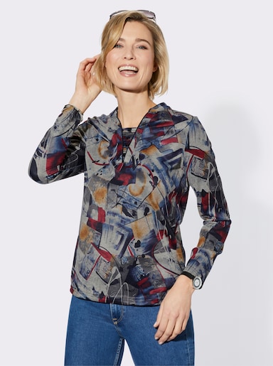 2-in-1-Shirt wärmend angeraut - hellgrau-jeansblau-bedruckt