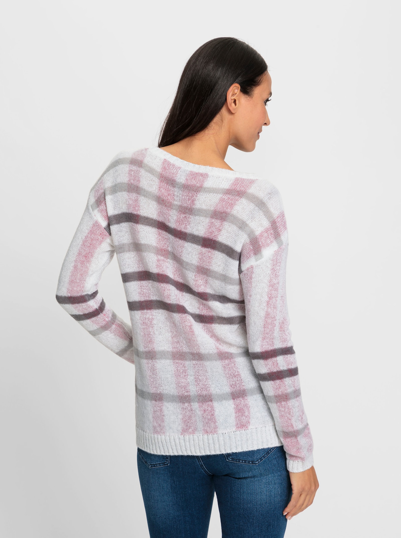 heine Jacquard-Pullover mit Glanzgarn - ecru-pink-kariert