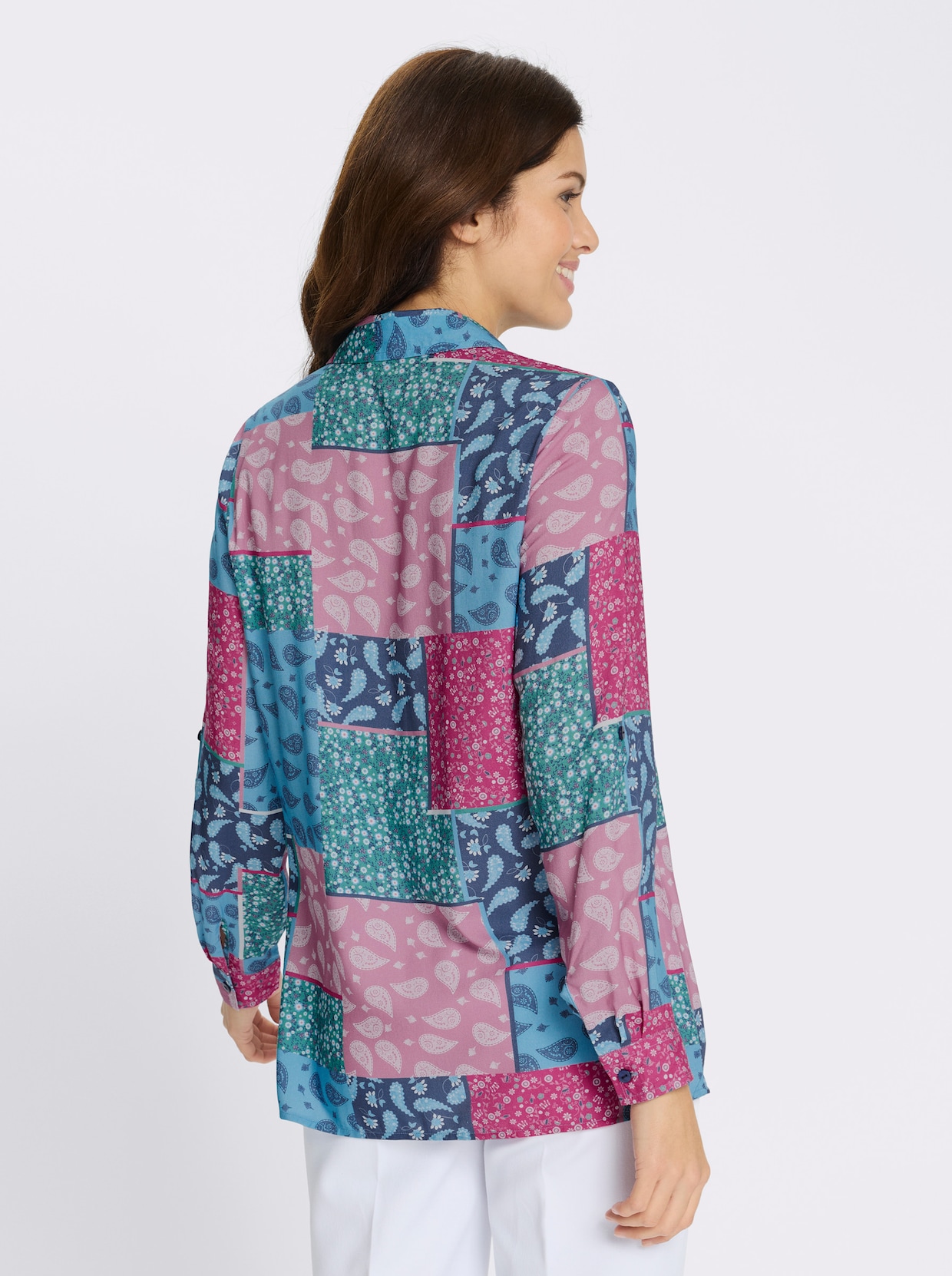 Longbluse mit krempelbaren Ärmeln - fuchsia-jeansblau-bedruckt