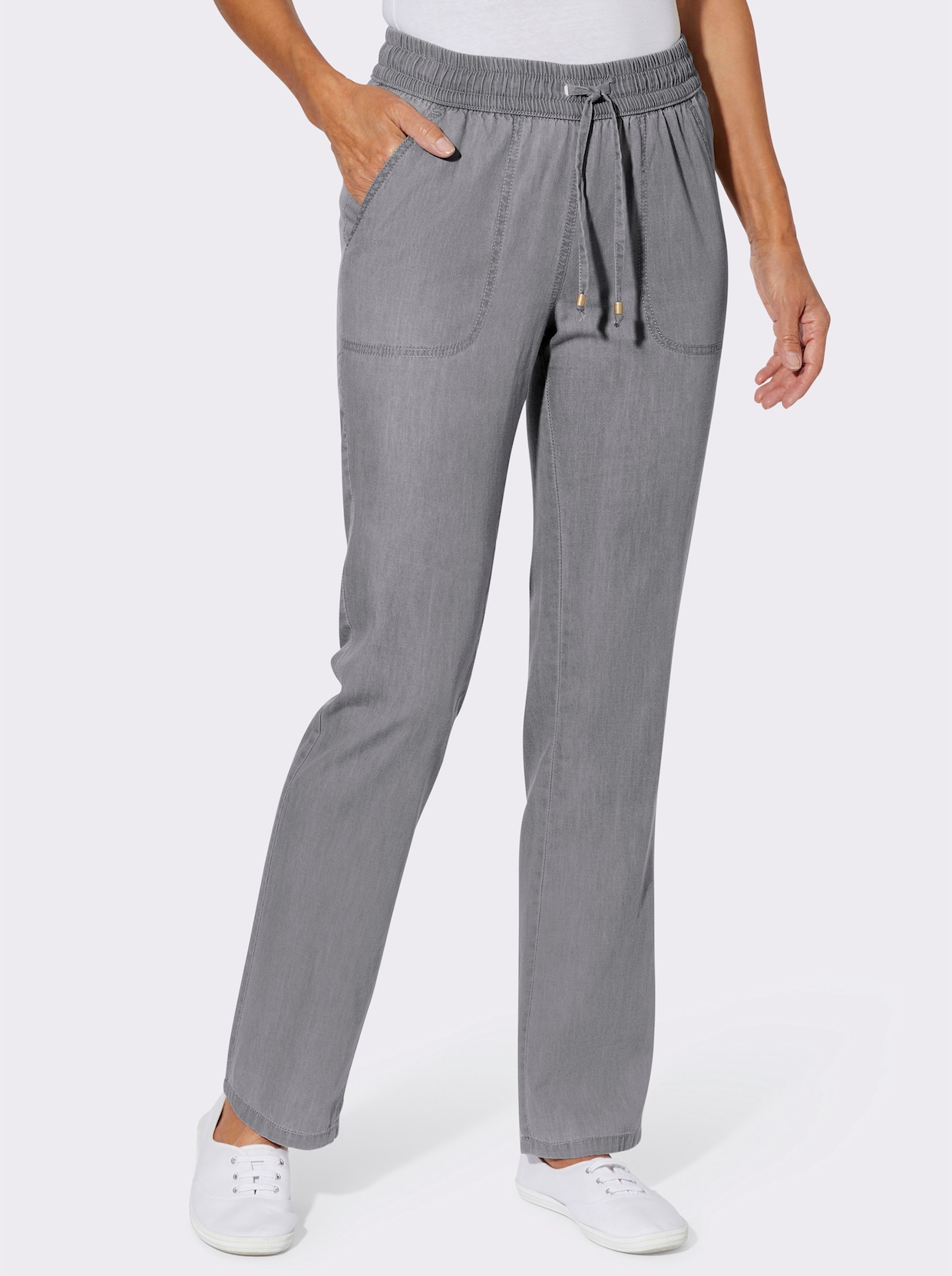 Schlupfjeans mit gesmoktem Bund - grey-denim