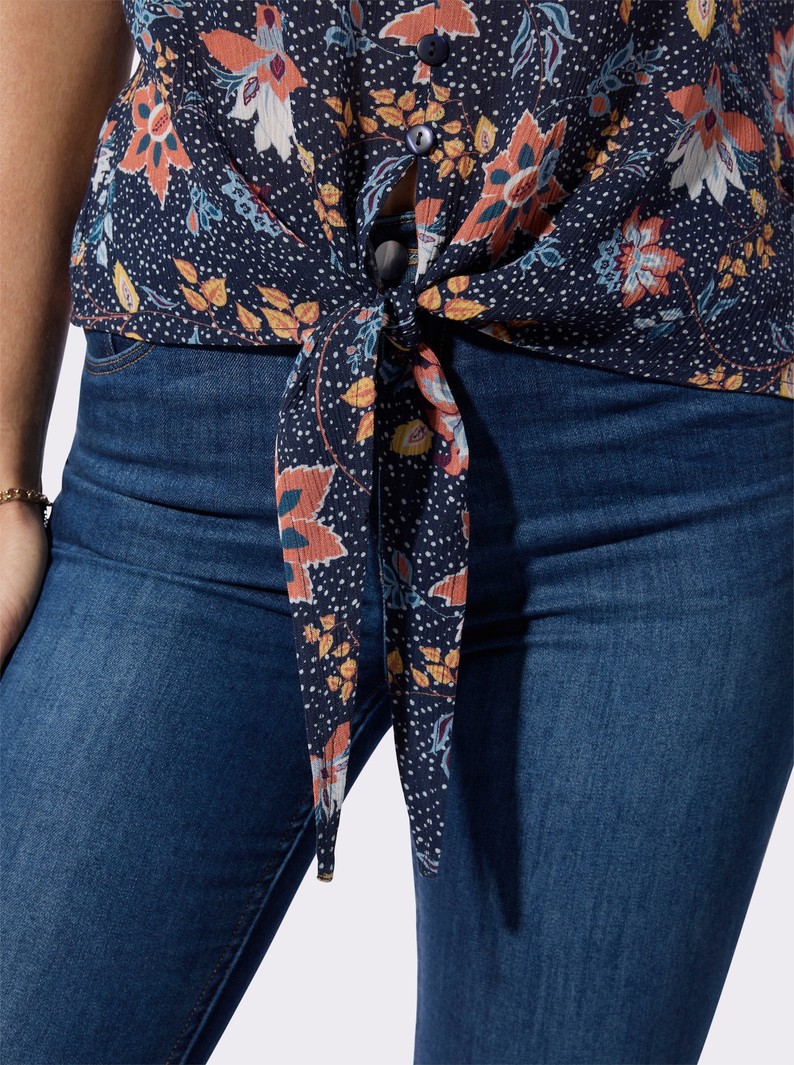 Blusentop mit imitierter Knopfleiste - marine-gelb-bedruckt