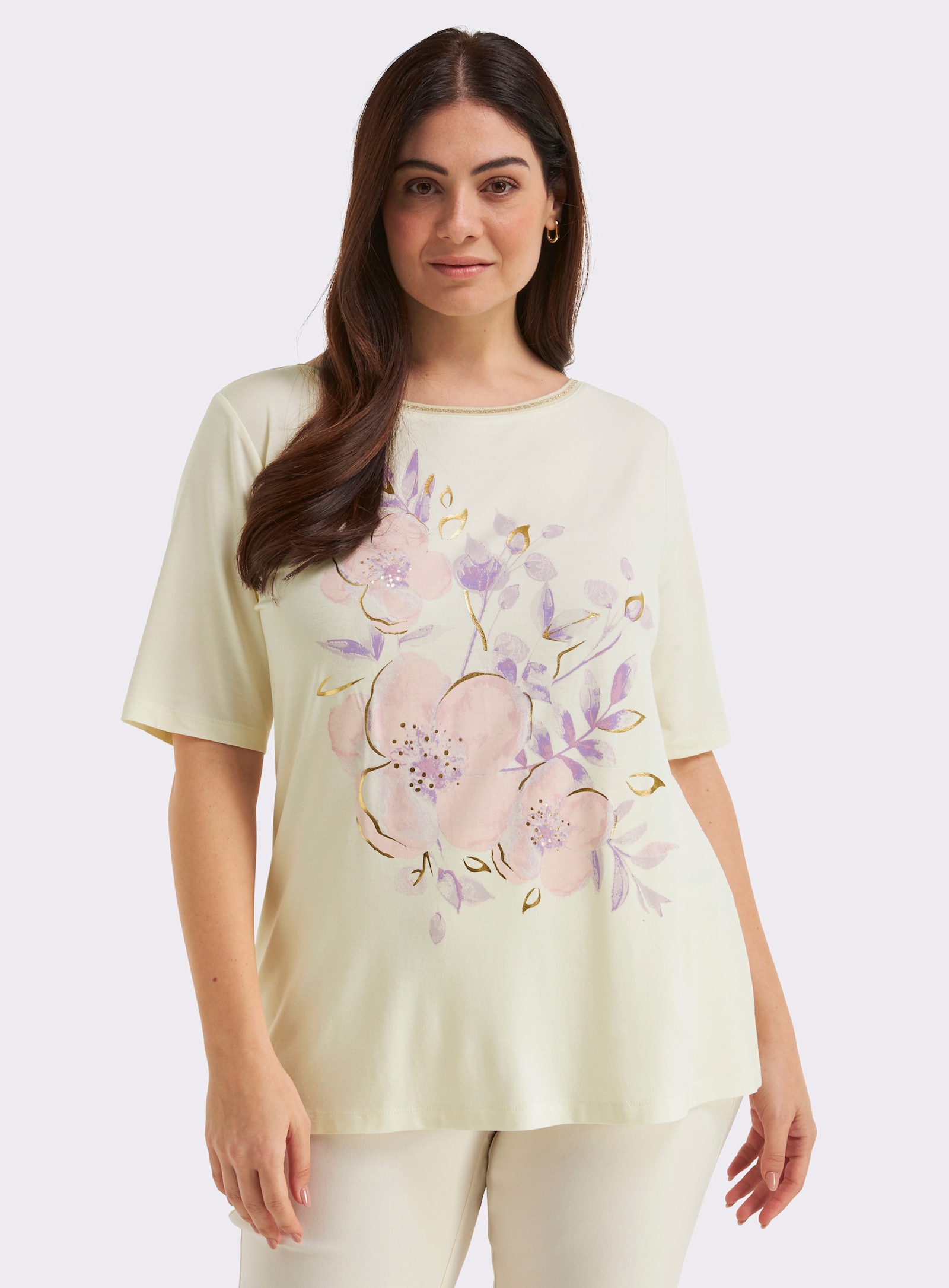 sheego Shirt met opvallende bloemenprint en lurexpaspel - champagne/orchidee bedrukt