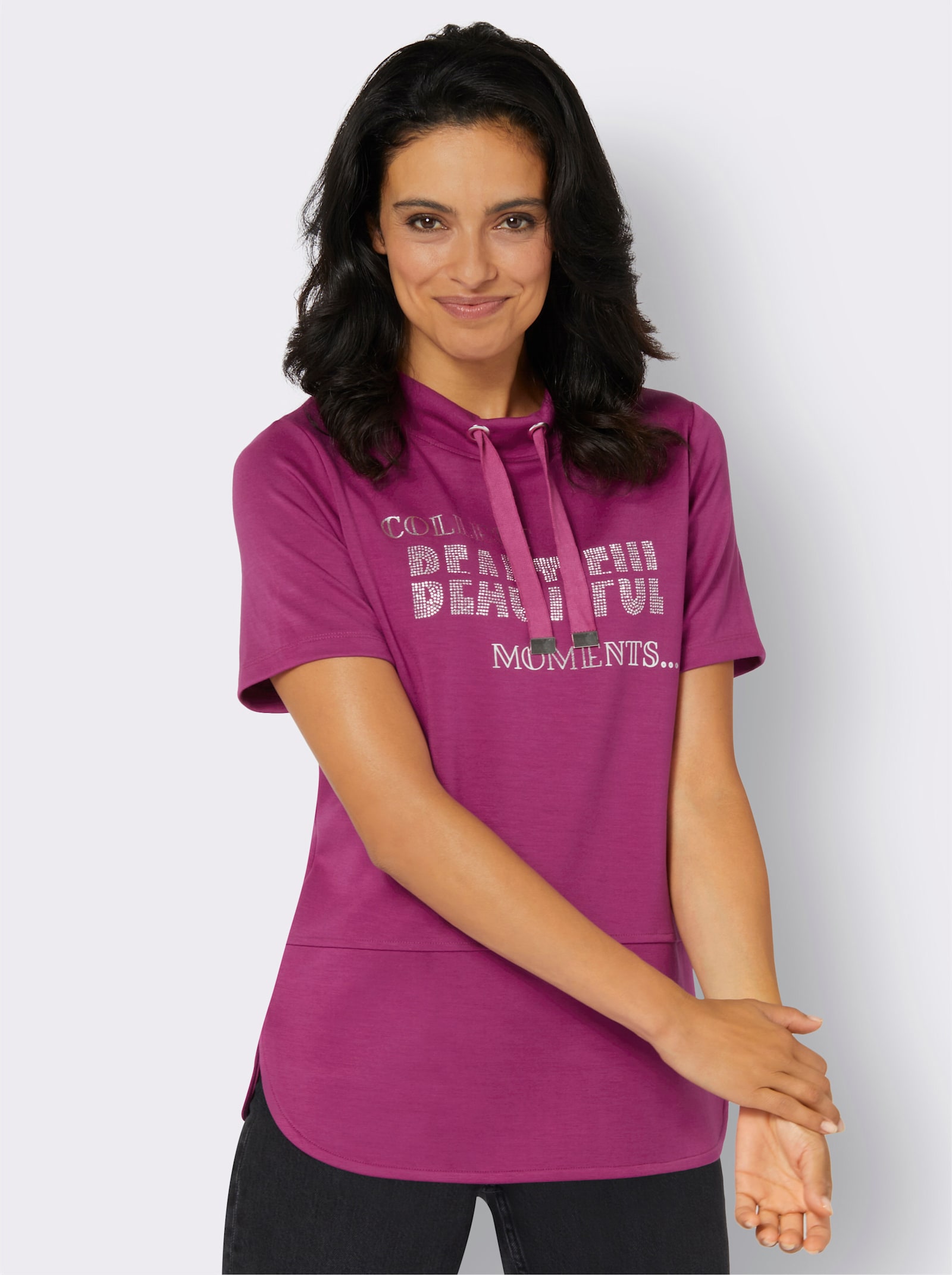 Stehkragenshirt mit Glitzersteinchen - magenta