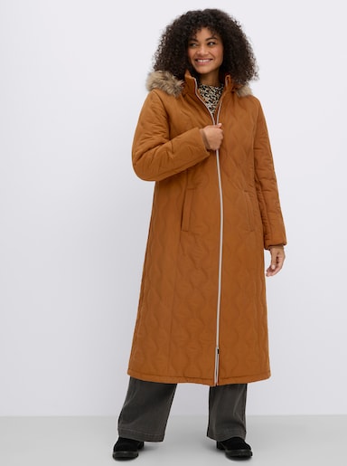 sheego Steppmantel mit Kapuze und Fellimitat-Besatz - cognac