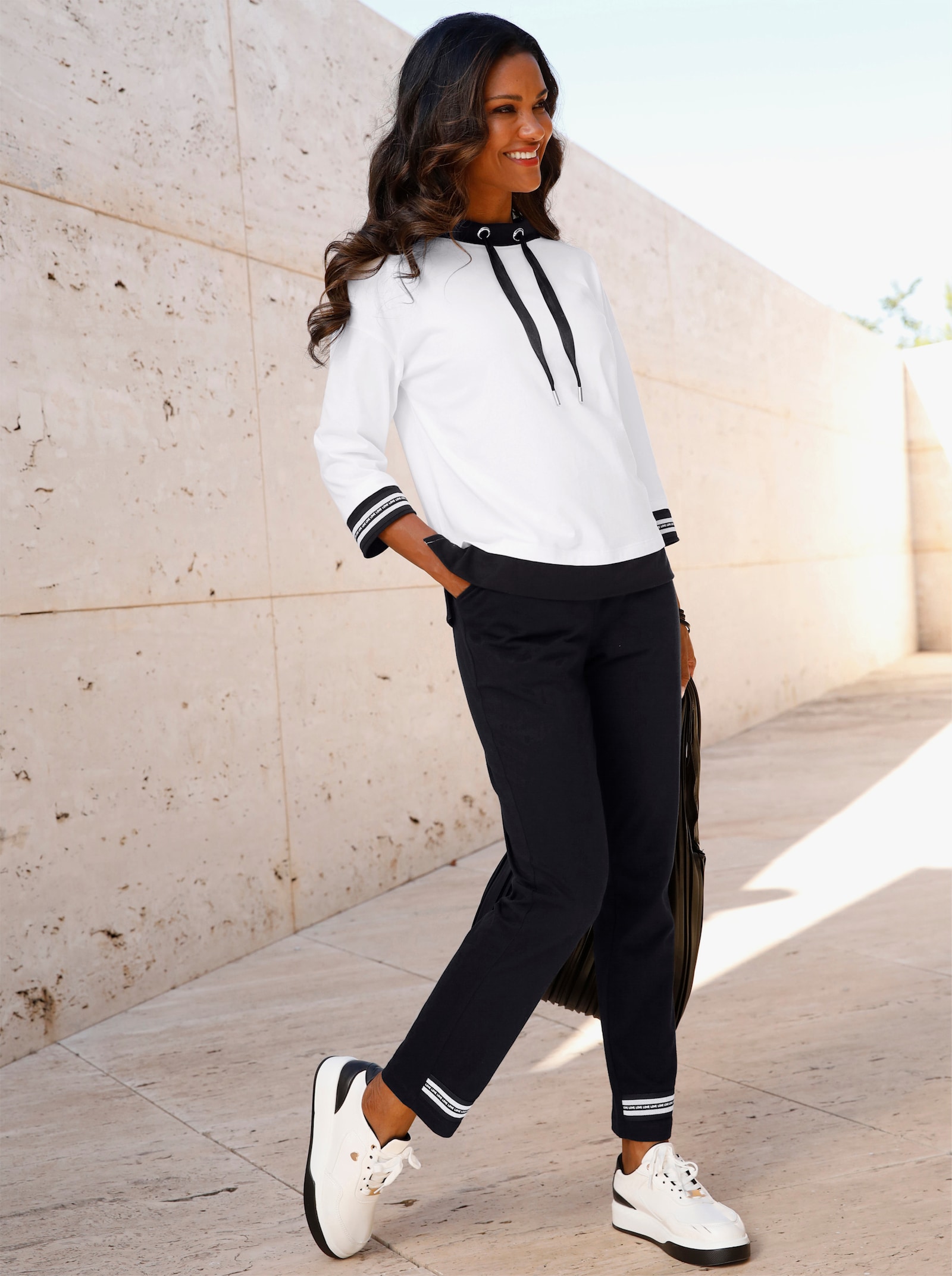 3/4-Arm-Shirt mit Kontrast-Abschlüssen - ecru-schwarz