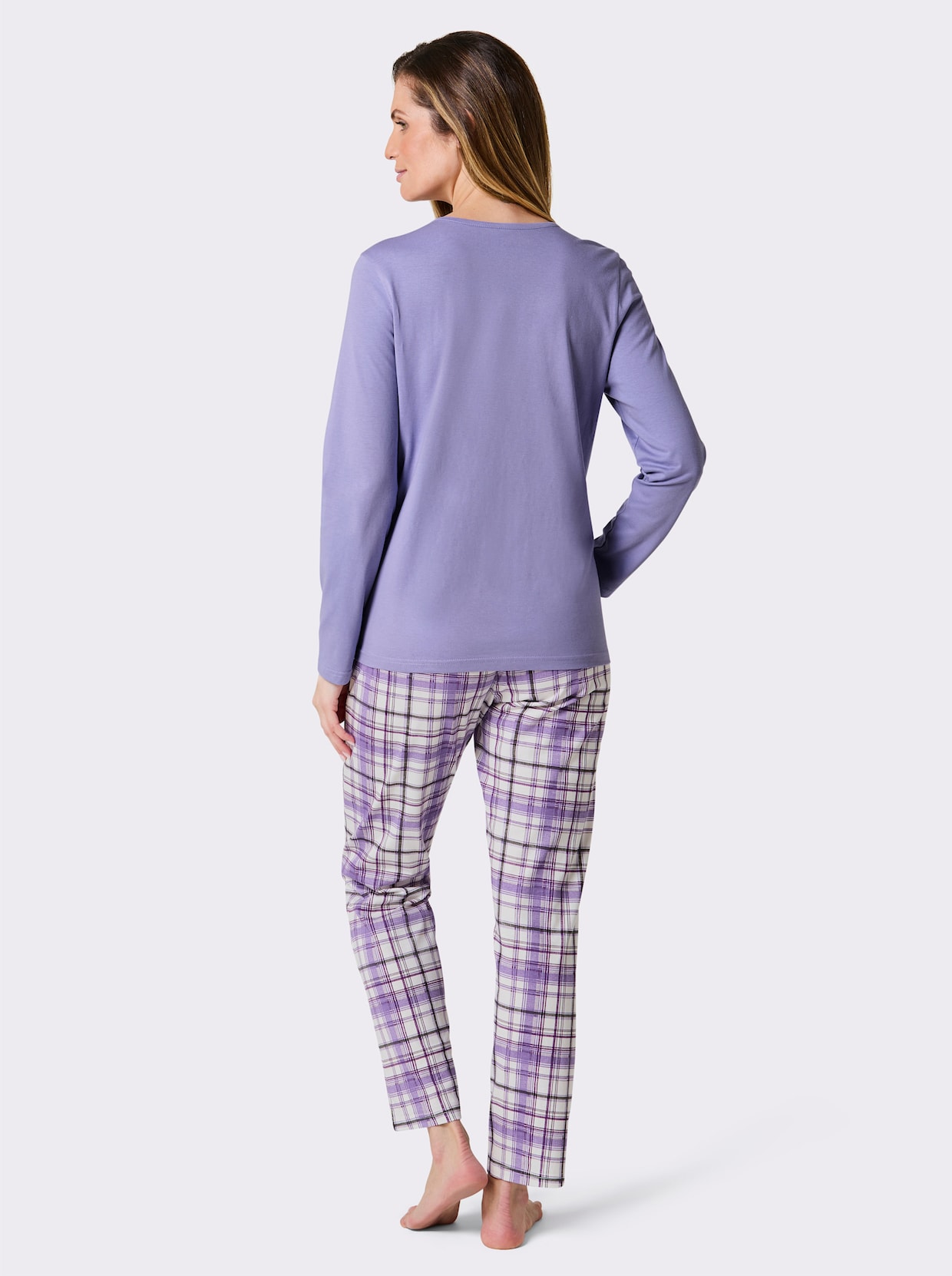 wäschepur Schlafanzüge mit karierten Hosen - grau-meliert-bedruckt + lavendel-bedruckt