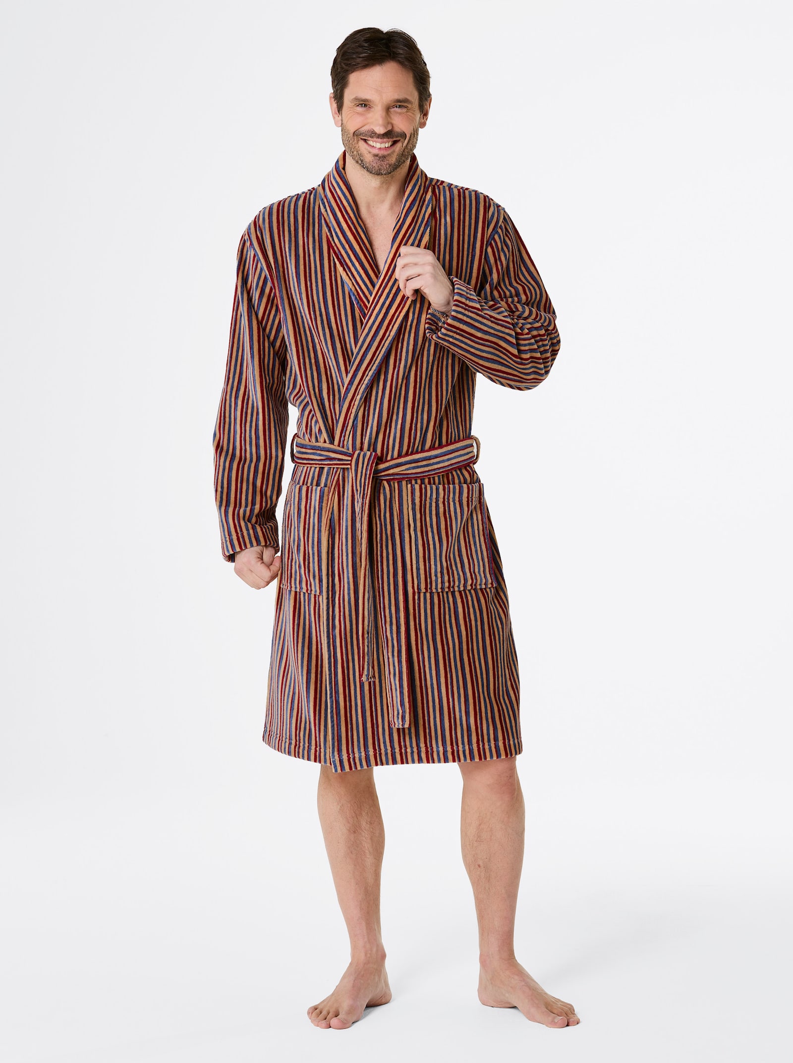 feel good Badjas - camel/donkerrood gestreept