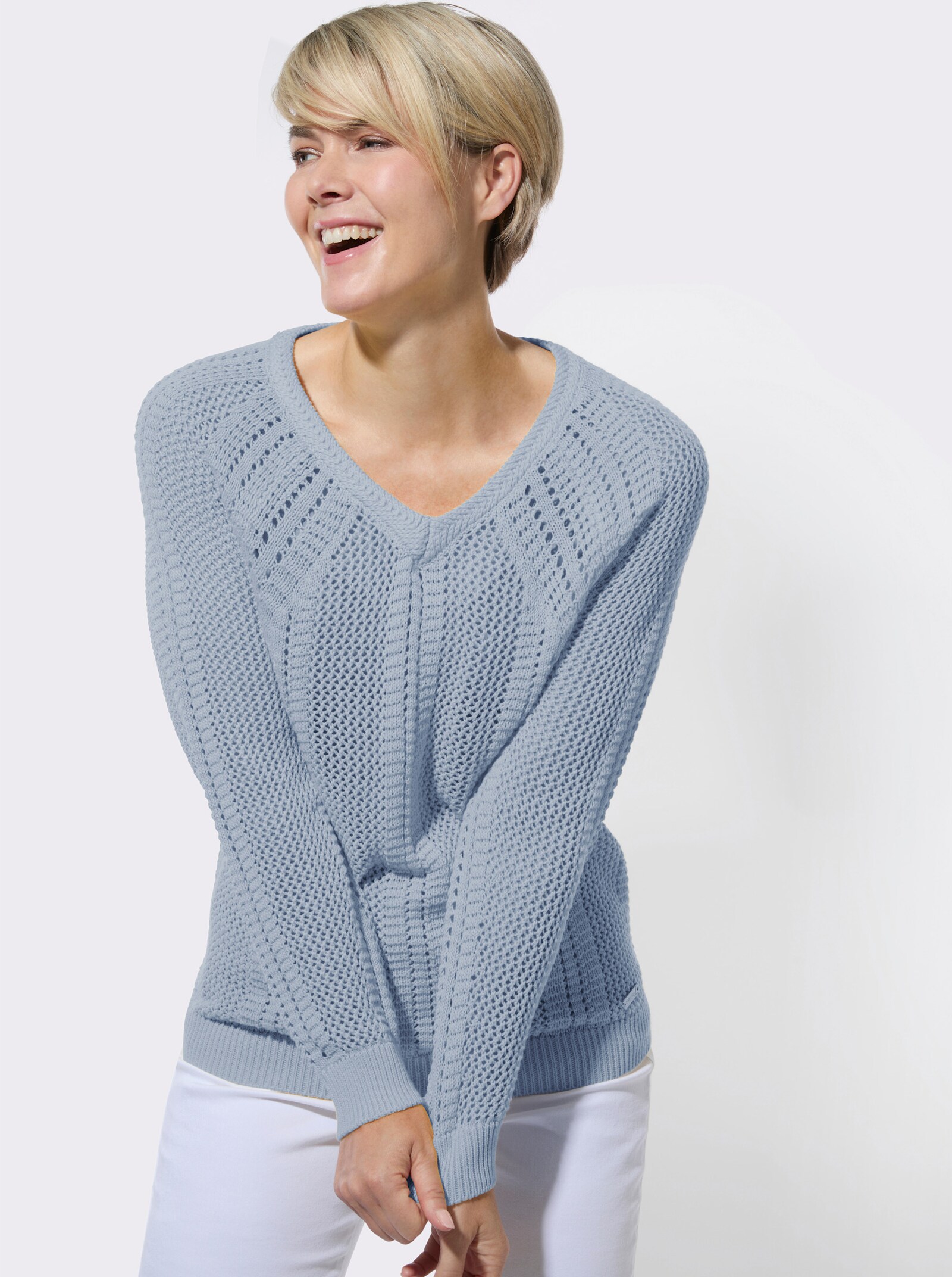 Ajourpullover mit Raglanärmel - hellblau
