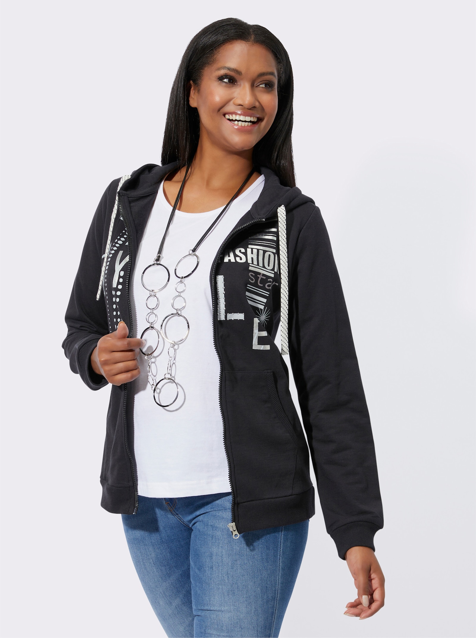 Sweatjacke mit Druck und Glitzersteinchen - schwarz