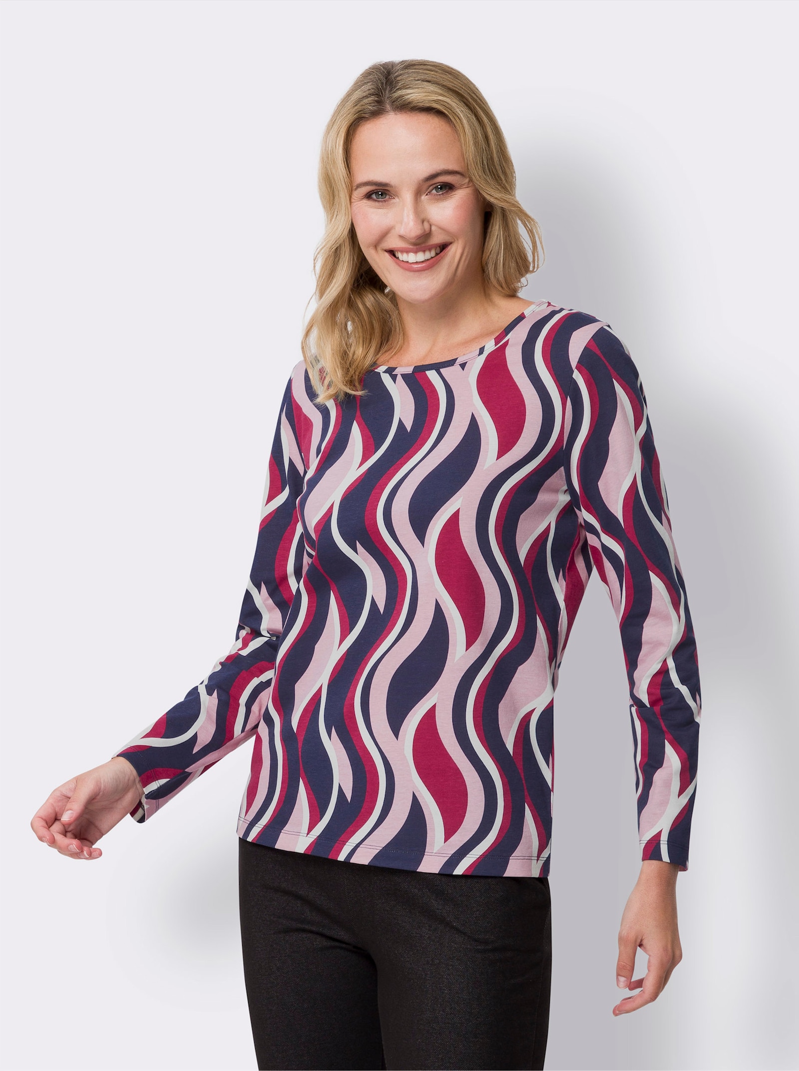 Tričko s dlouhým rukávem a zvlněným vzorem - ecru-slézová-potisk