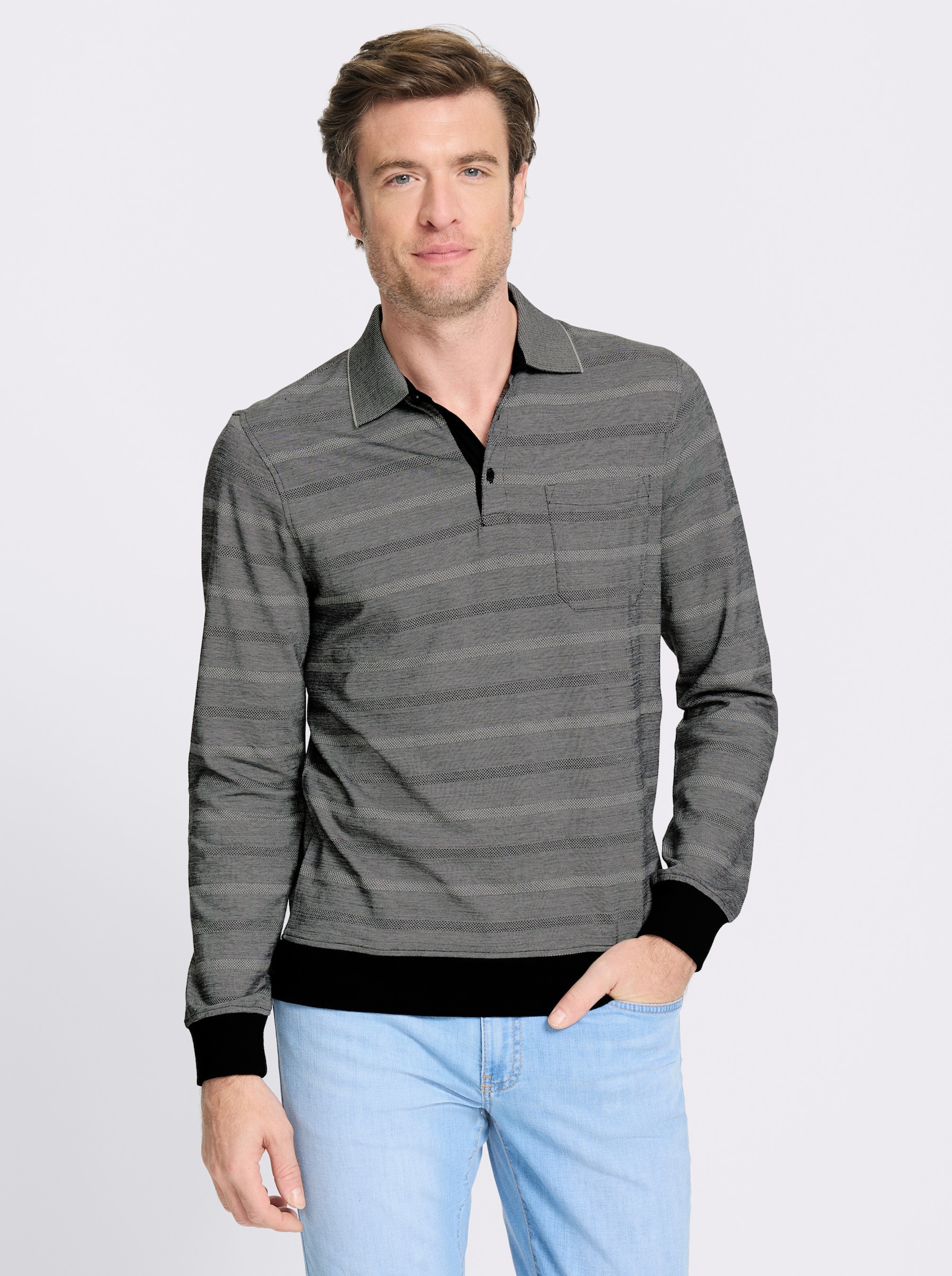 Marco Donati Langarm-Poloshirt mit Jacquard-Muster - hellgrau-gemustert