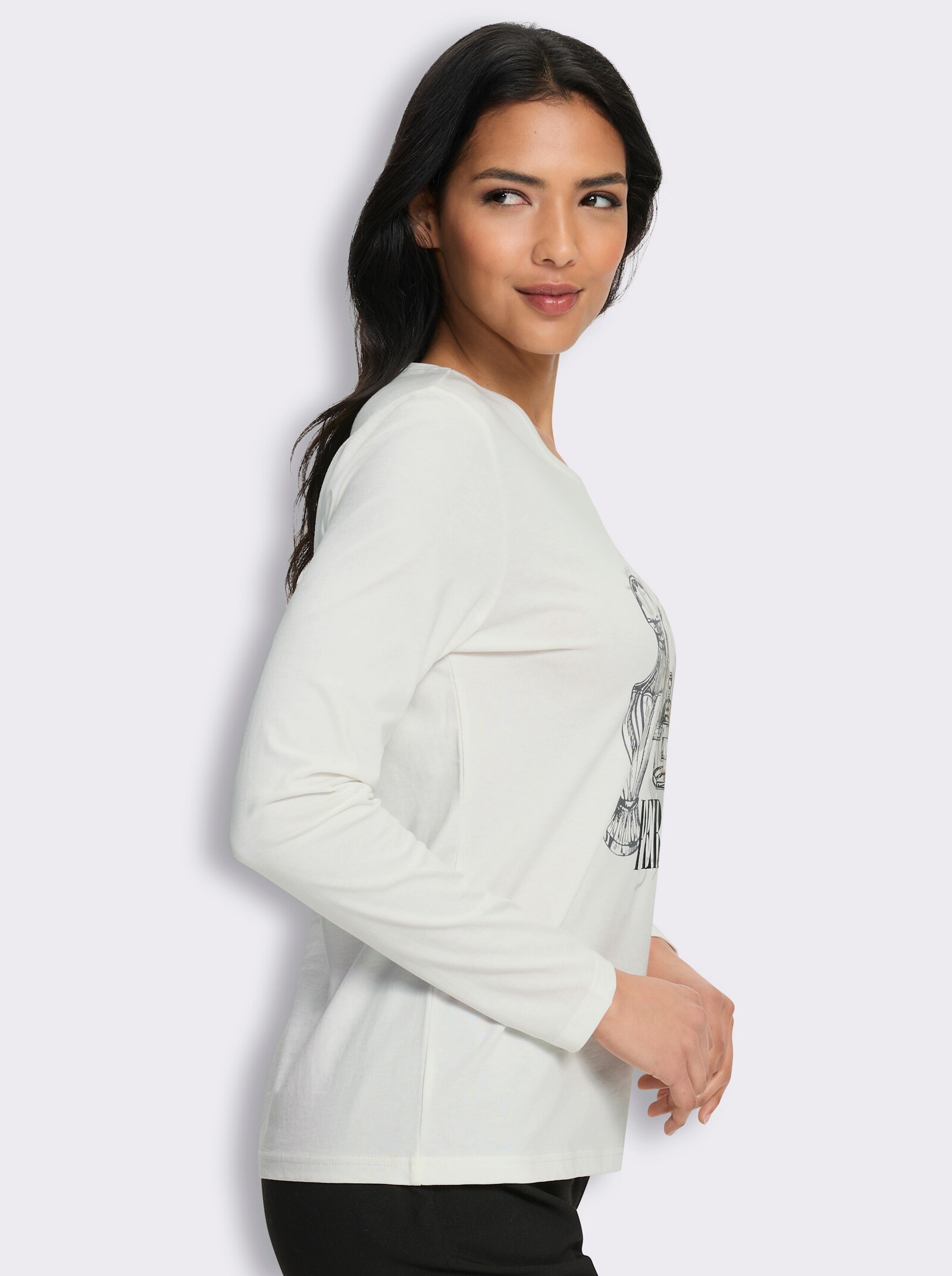 Rundhalsshirt mit Druck-Motiv - ecru-schwarz