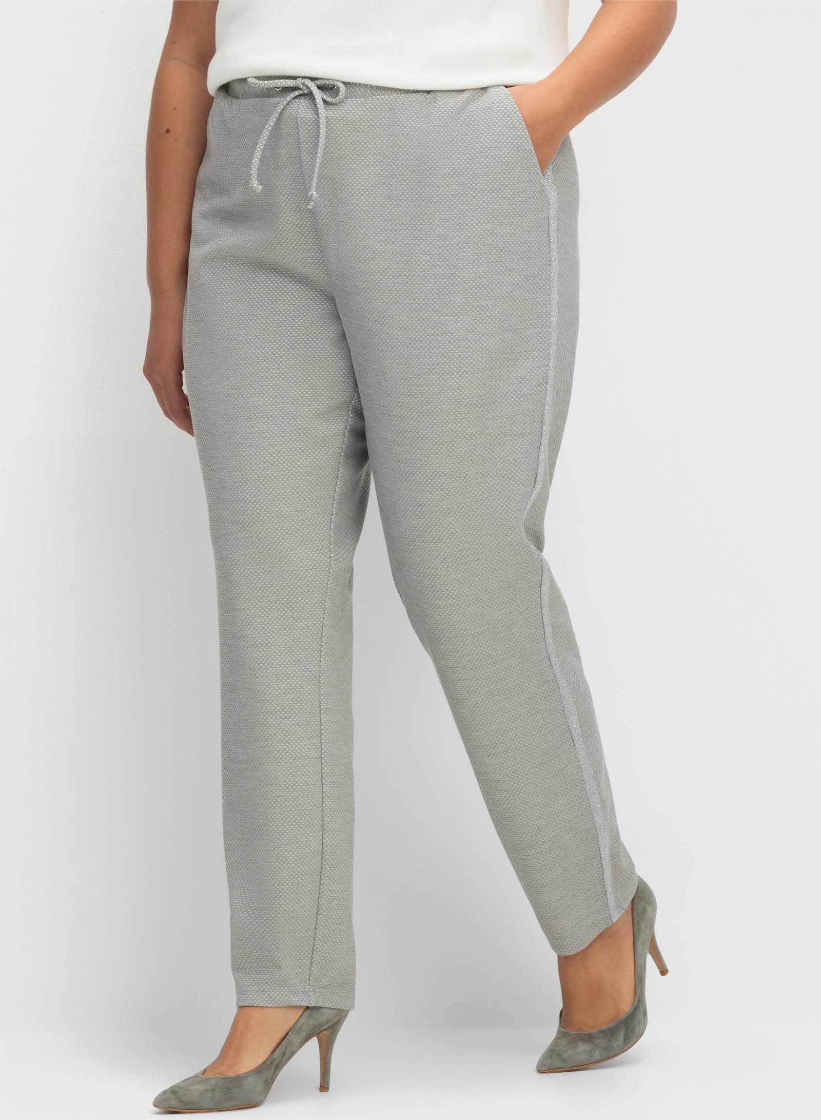 Schlupfhose mit silberfarbenen Galonstreifen - steingrau-gemustert