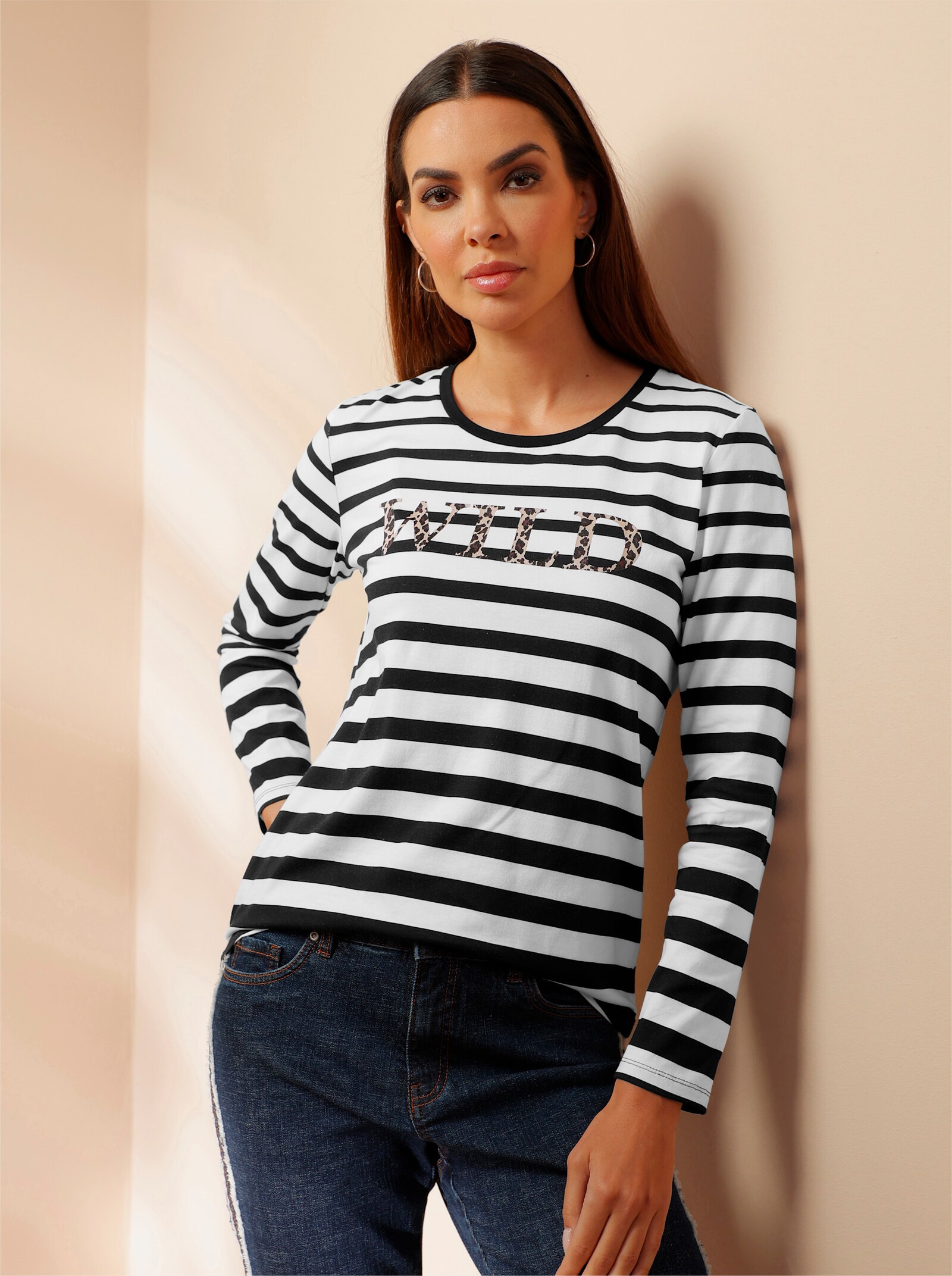 heine Ringelshirt mit Schriftzug - ecru-schwarz-bedruckt